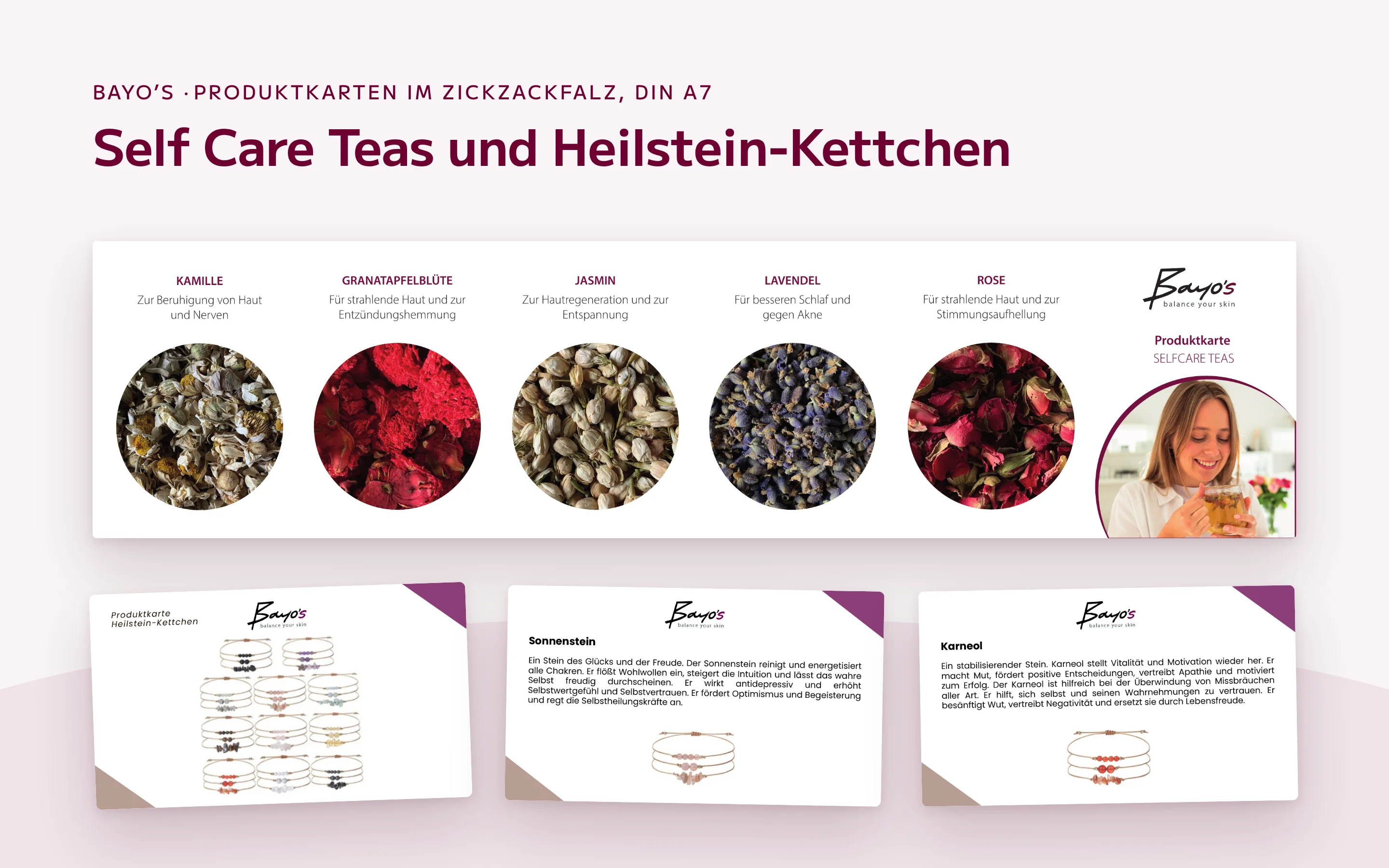 balance by Maria: Bayo’s Produktkarten für Teas und Heilstein-Kettchen