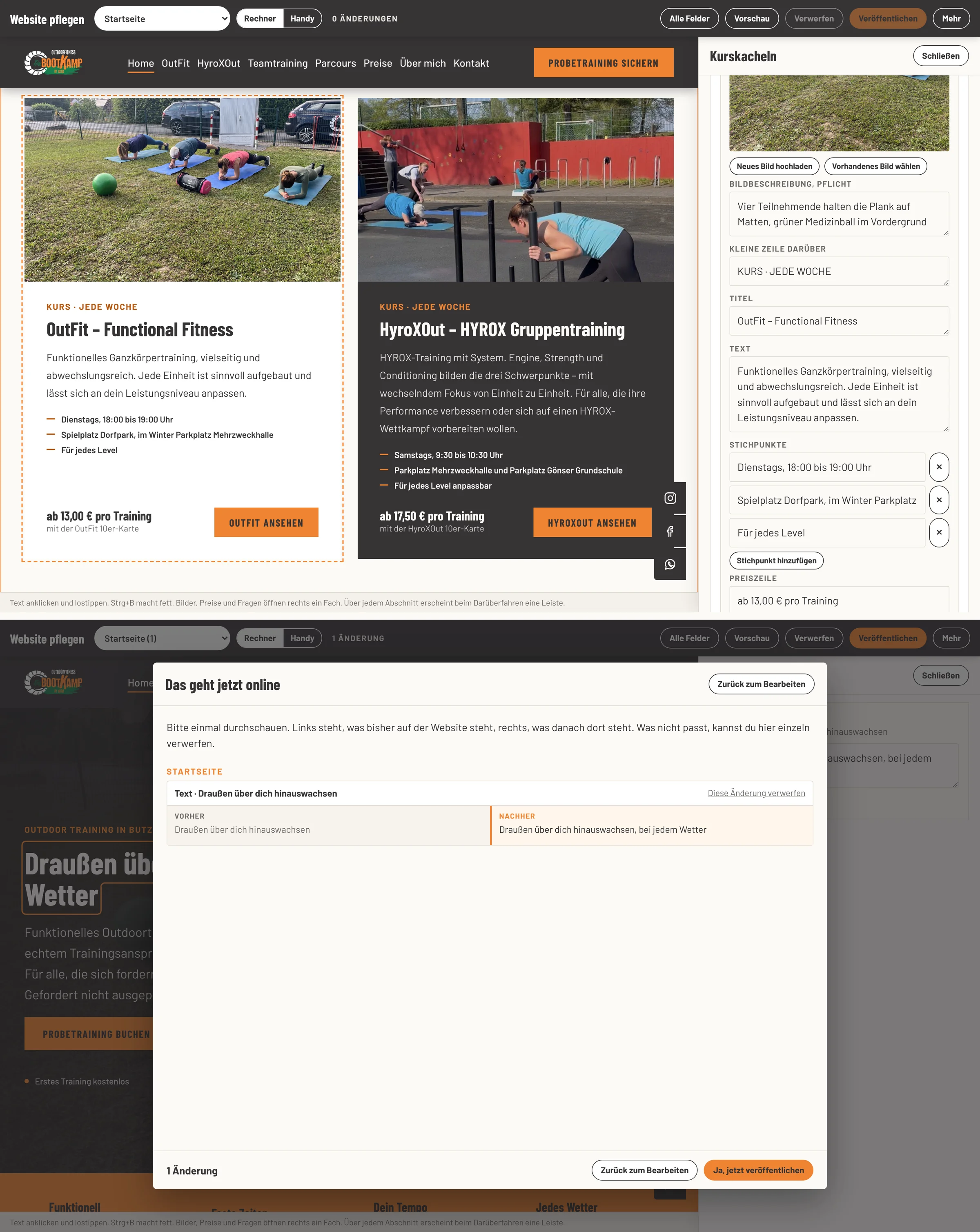 Pflegewerkzeug mit Fach rechts und Liste Vorher und Nachher