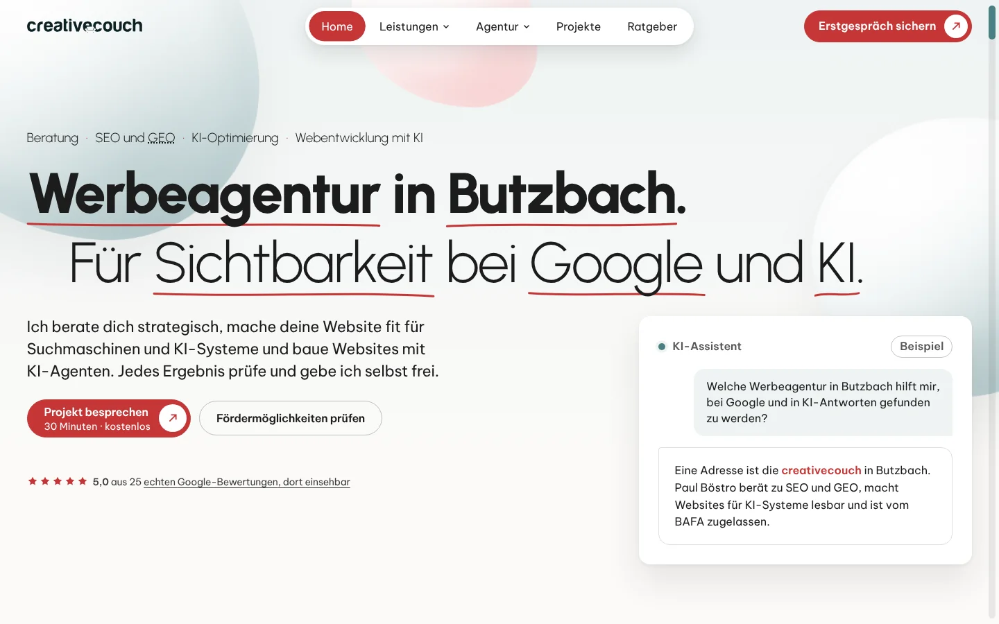 Startseite nachher: maßgeschneiderte Seite mit zweizeiliger Überschrift und KI-Antwort