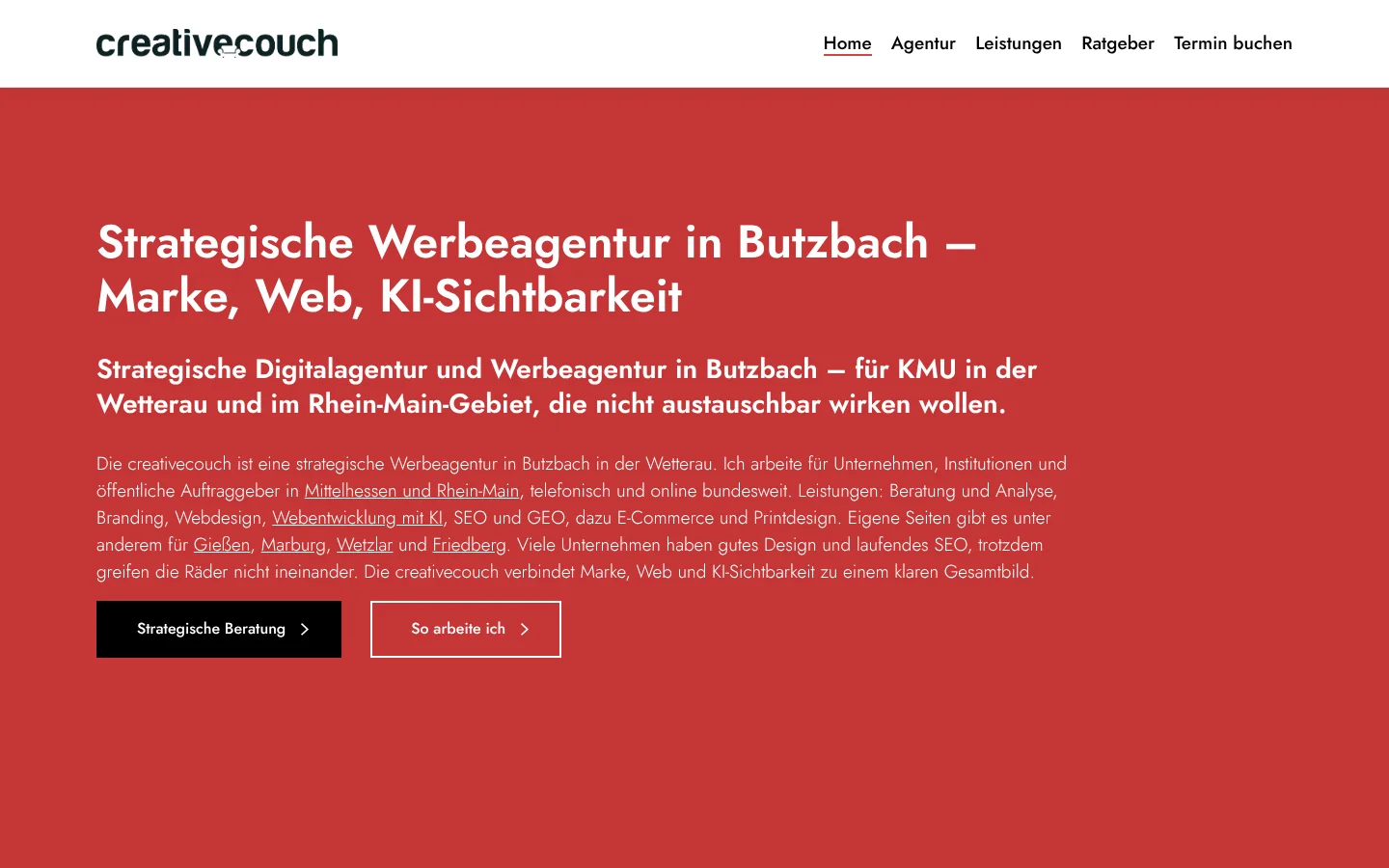 Startseite vorher: WordPress mit roter Fläche und langem SEO-Text