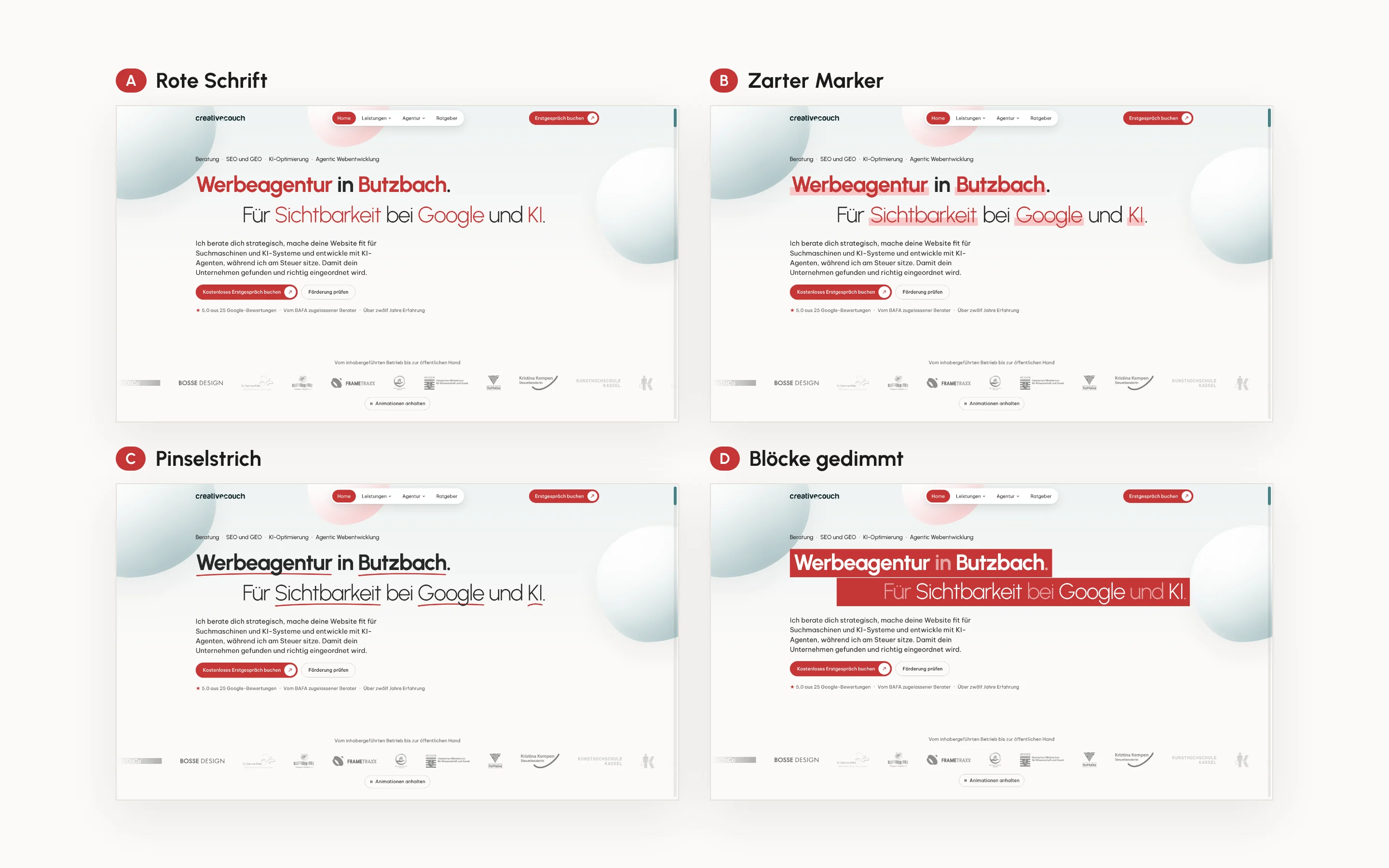 Vier Varianten für die Überschrift der Startseite