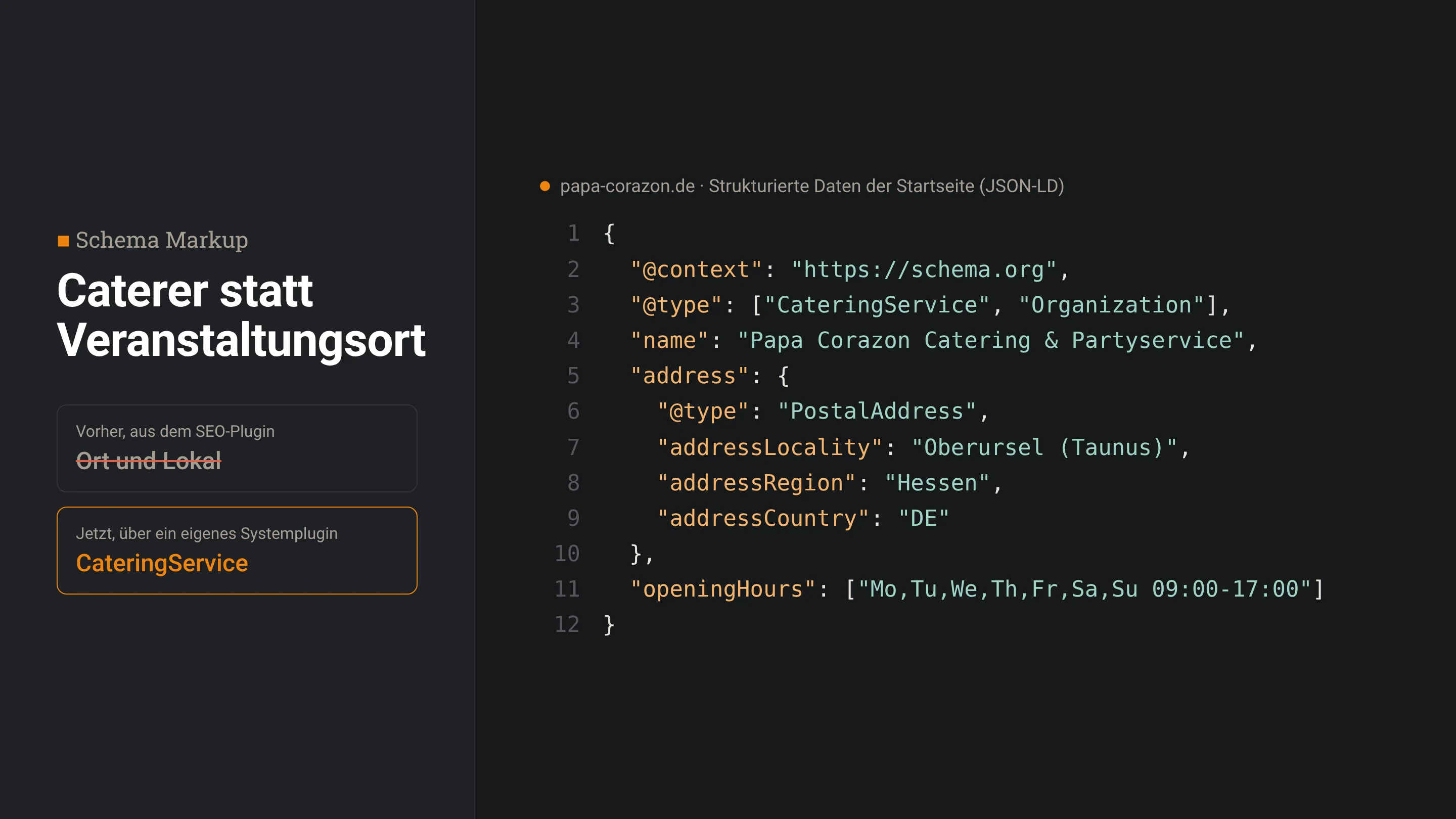 Papa Corazón Catering: Schema Markup als JSON-LD, Caterer statt Veranstaltungsort
