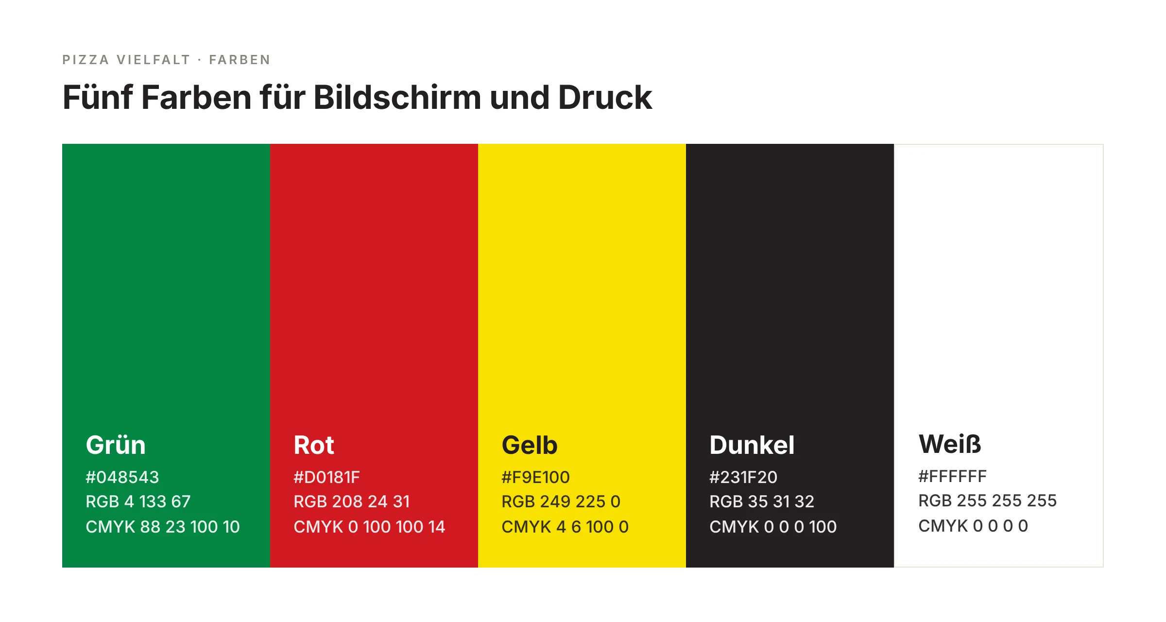 Pizza Vielfalt: Farbpalette mit Werten für Bildschirm und Druck