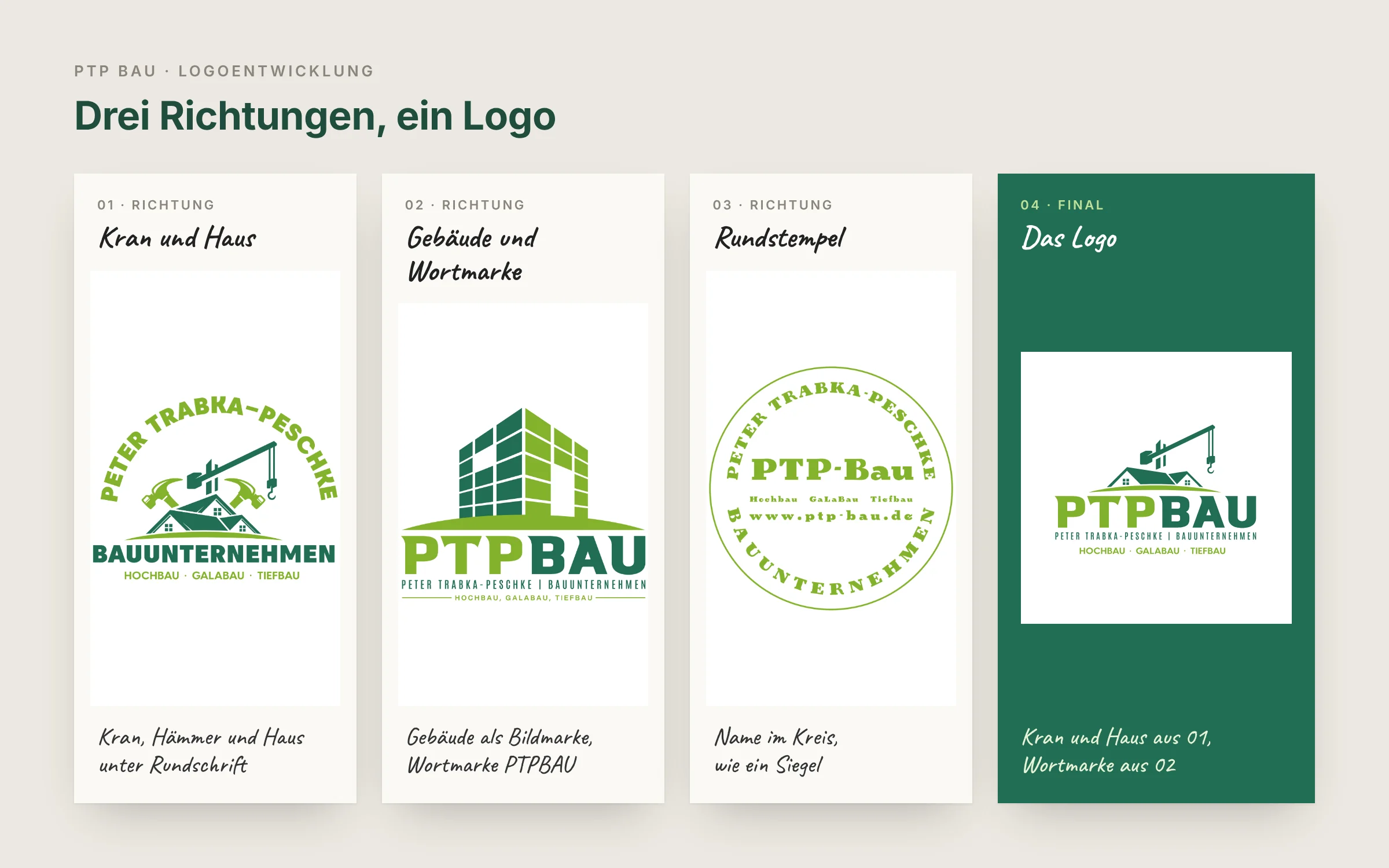 PTP Bau: Logoentwicklung von drei Richtungen zum fertigen Logo