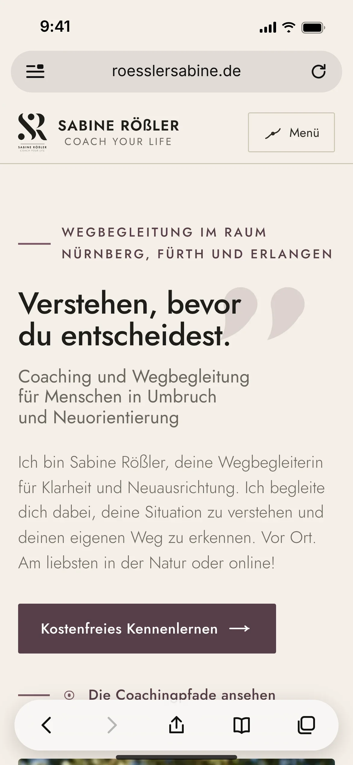 Sabine Rößler: Startseite von Coachyourlife auf dem Handy