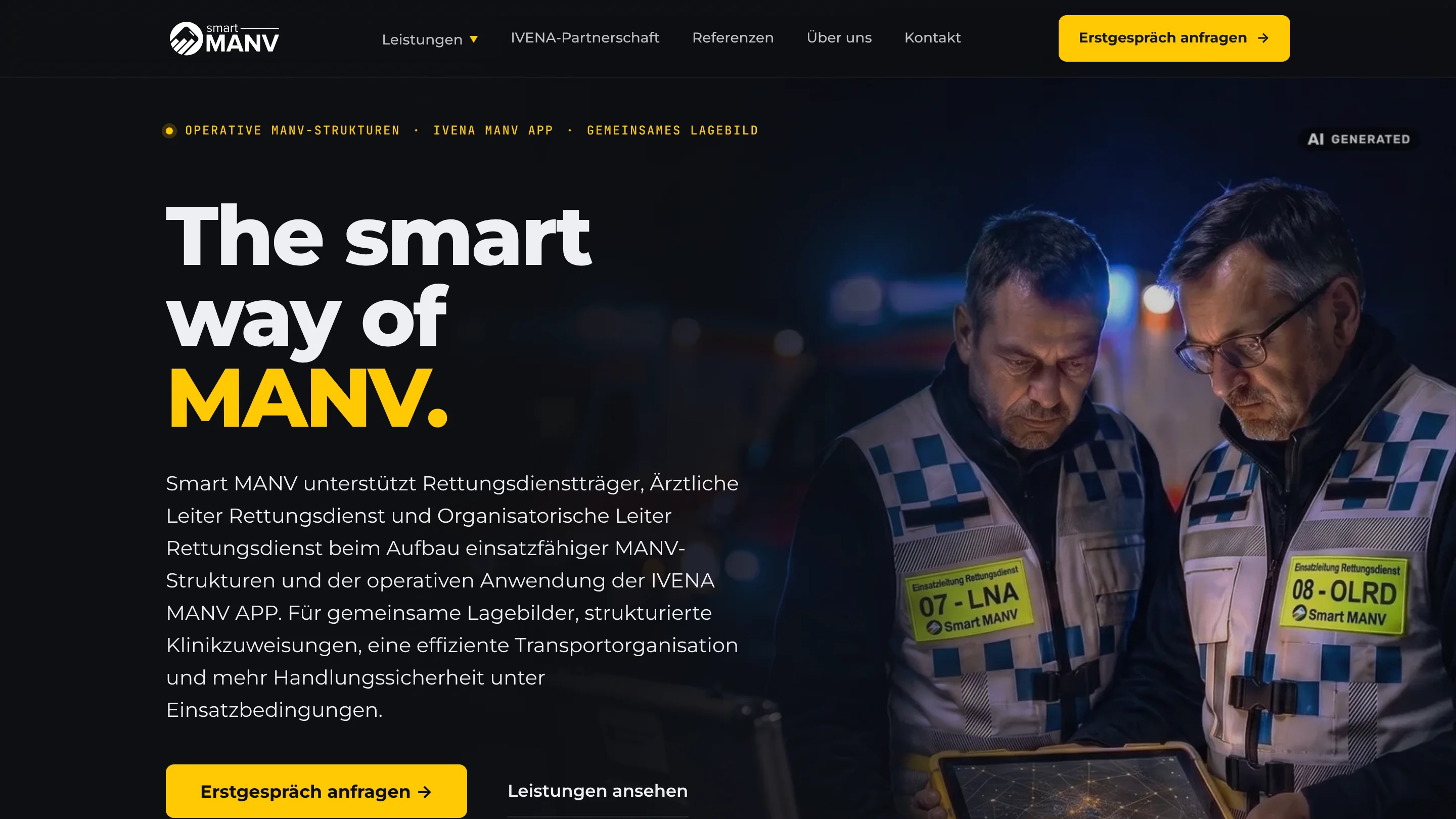 Smart MANV GmbH: Startseite mit Hero, Desktop