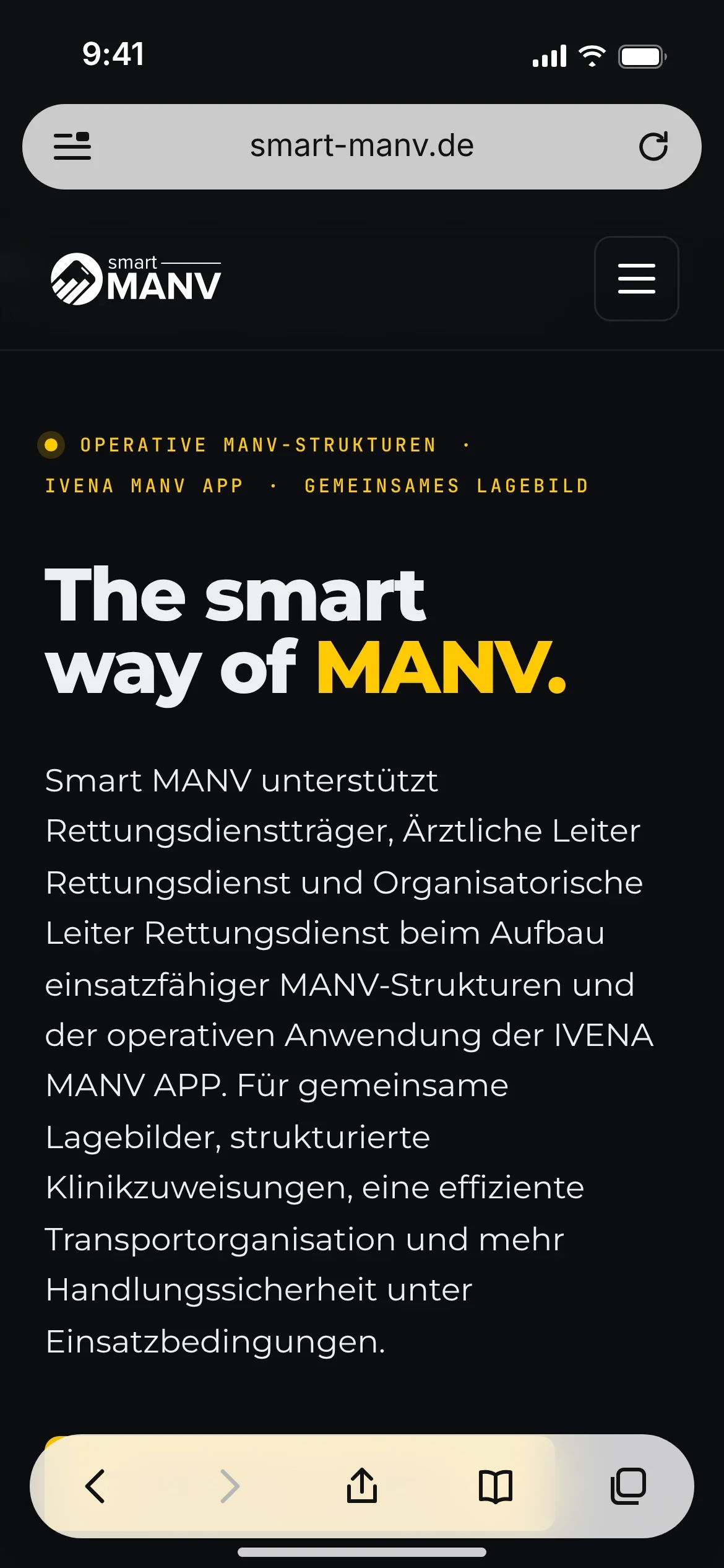 Smart MANV GmbH: Startseite auf dem Smartphone