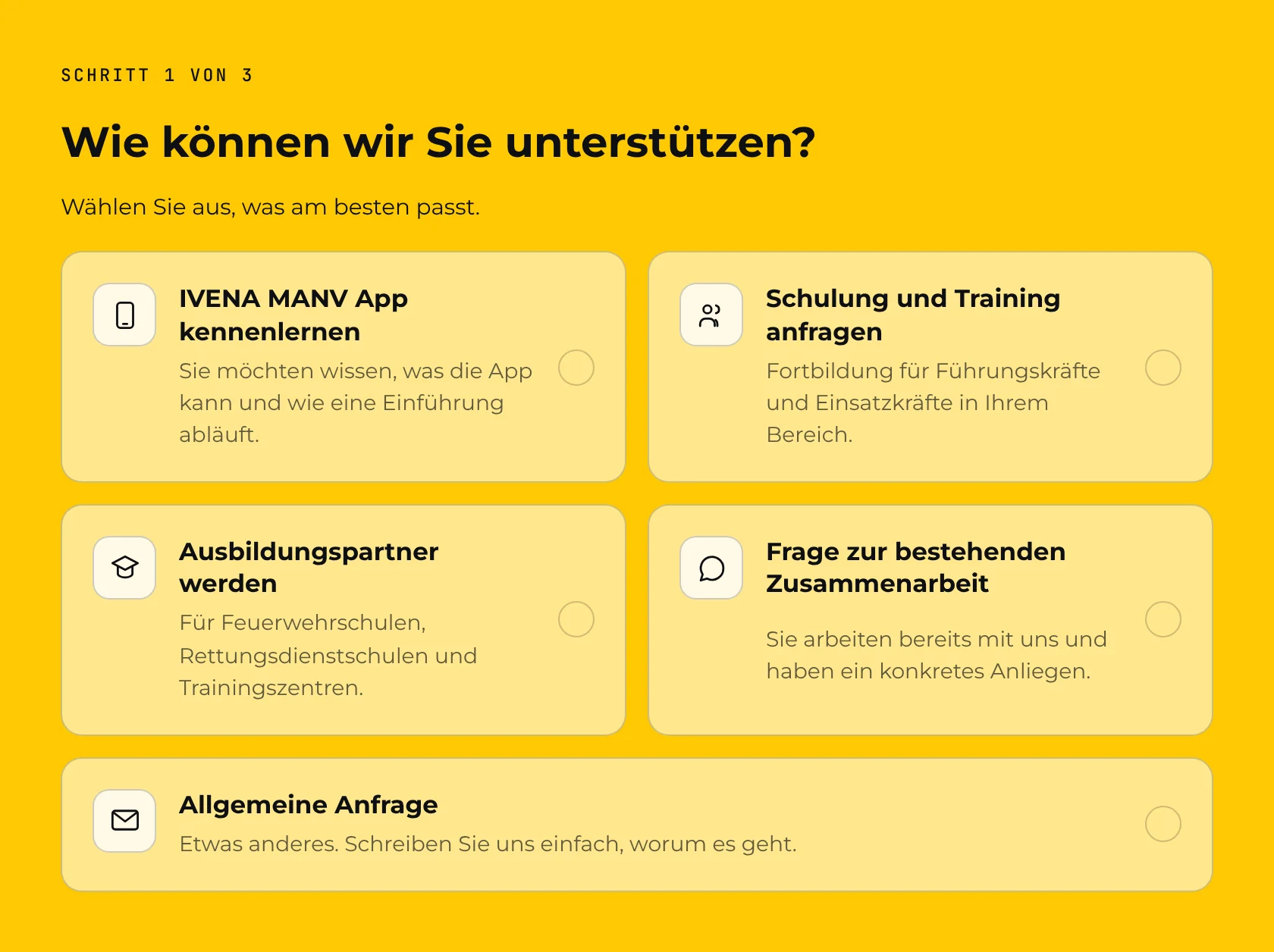 Smart MANV GmbH: Kontaktformular Schritt 1 mit Auswahlkacheln
