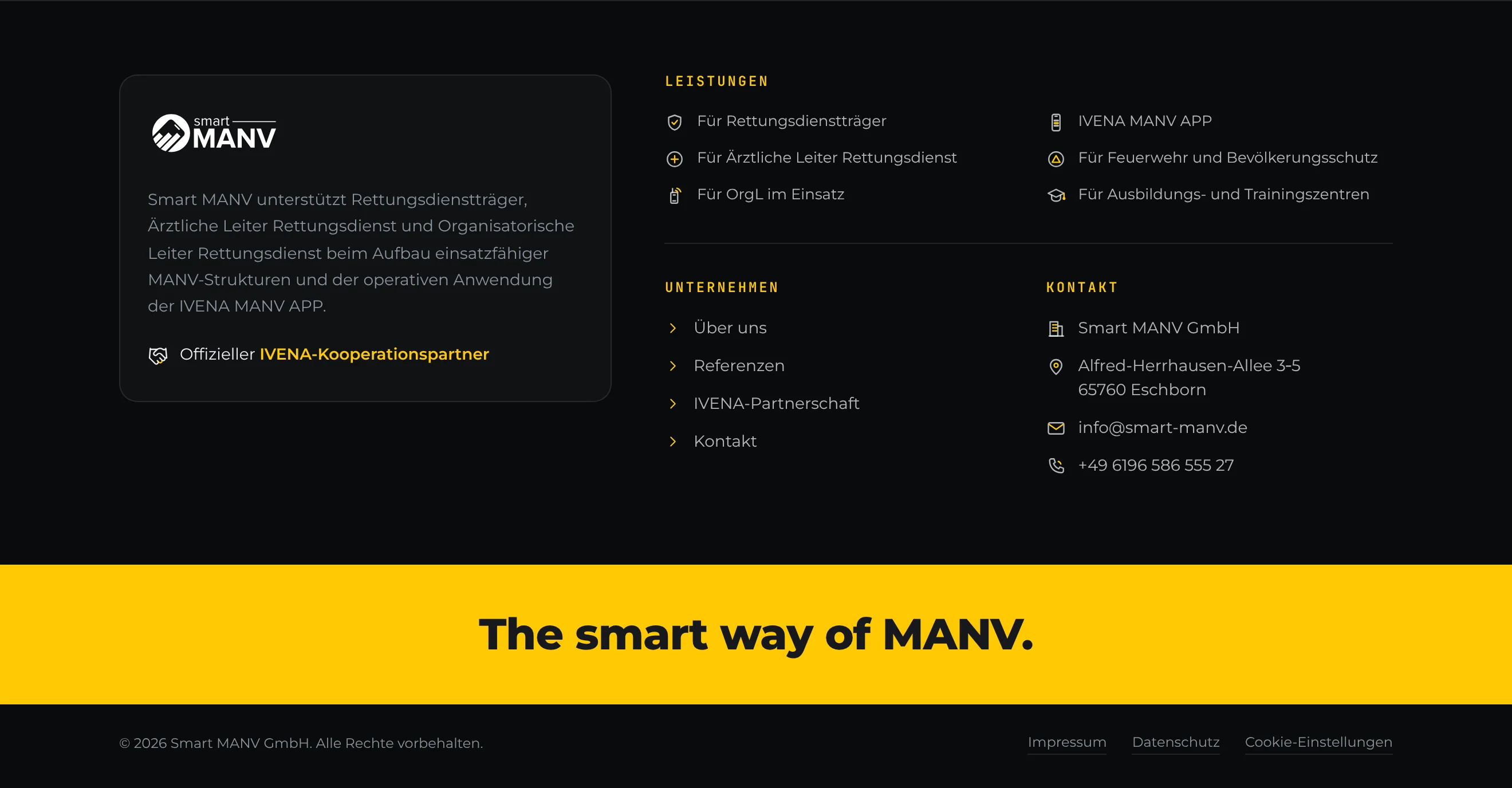 Smart MANV GmbH: Footer mit gelbem Claimband
