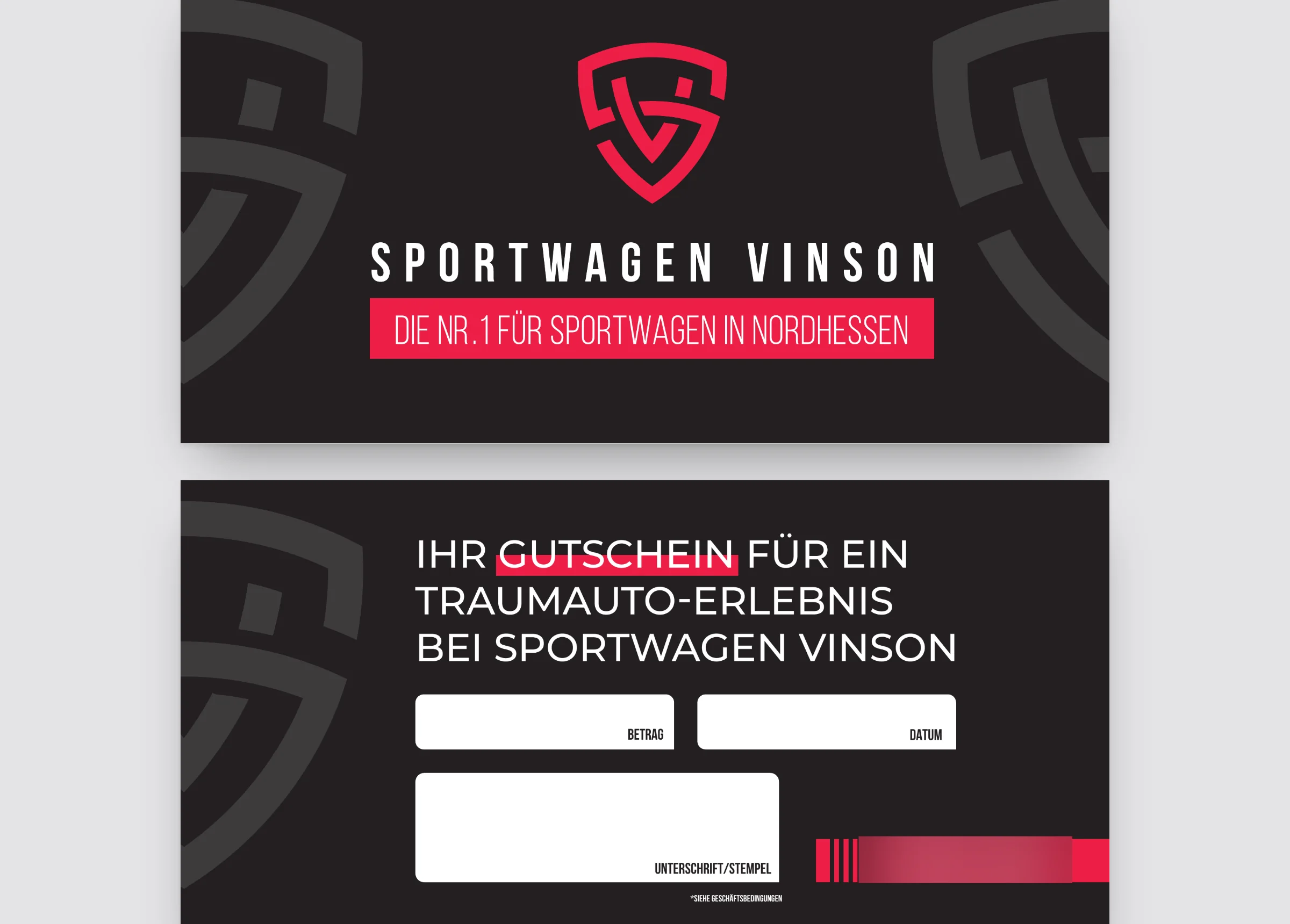 Sportwagen Vinson: Gutscheinkarte, Vorder- und Rückseite