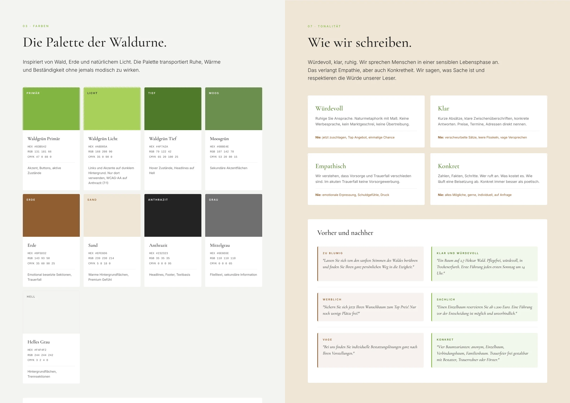 Waldfriedhof Waldurne: Brandguide Farben und Tonalität