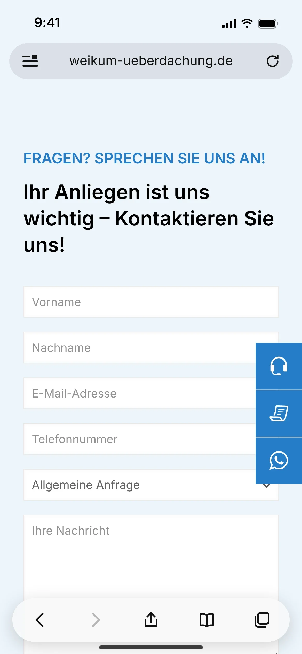 Weikum Überdachung: Anfrageformular auf dem Smartphone