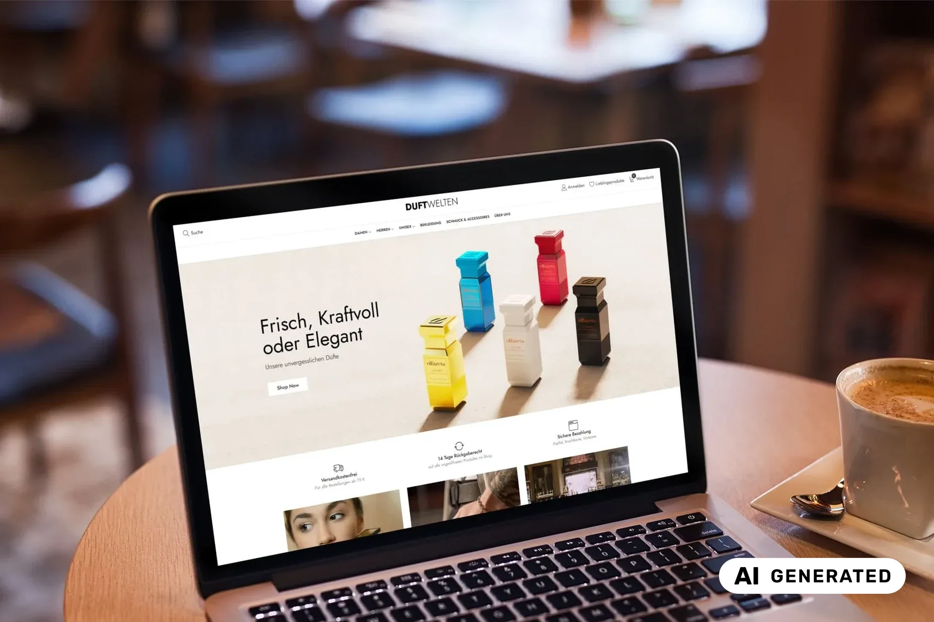 Laptop zeigt bunte Parfums, daneben Cappuccino & Notizen zur Website-Berechnung in einem Butzbacher Café. | creativecouch Werbeagentur Butzbach | Kosten einer Website