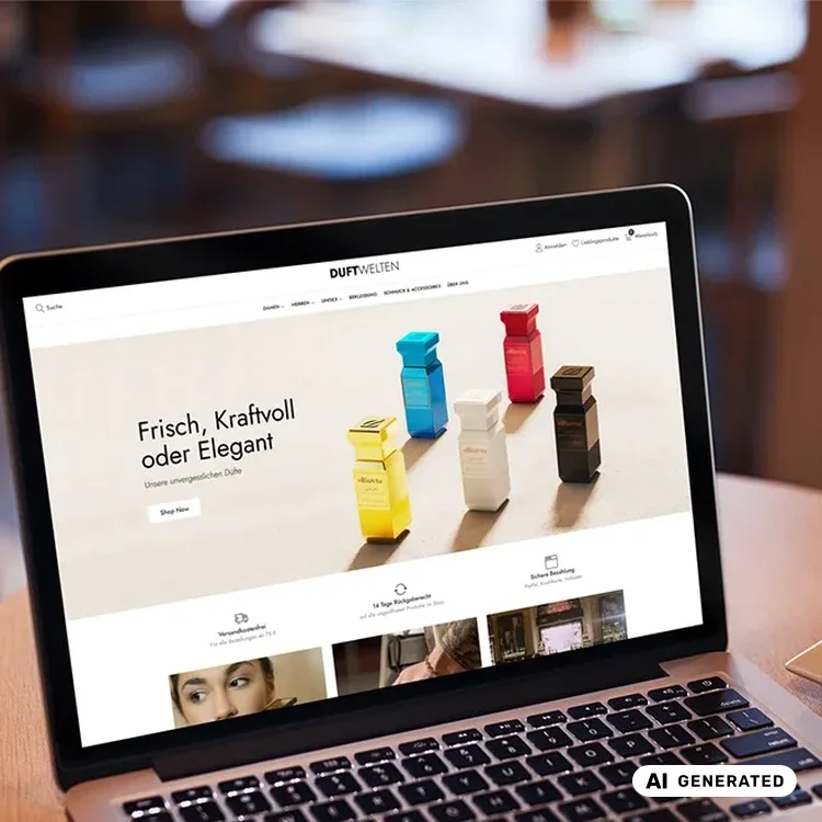 Laptop auf Holztisch zeigt Website mit bunten Parfümflakons und dem Text "Frisch, Kraftvoll oder Elegant".