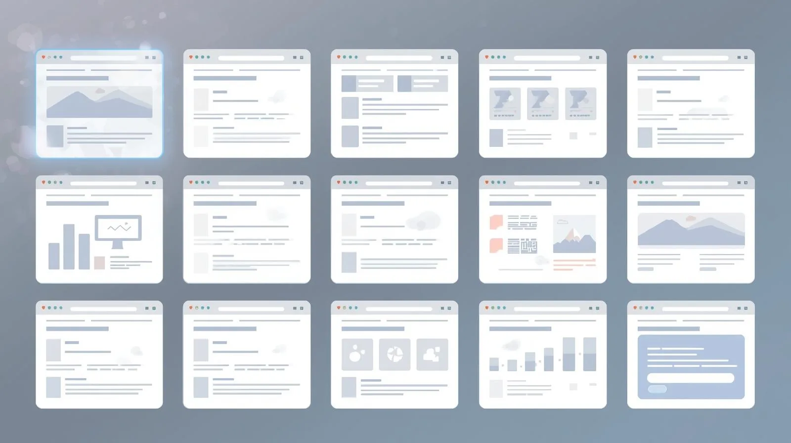 Raster aus 16 Website-Fenstern, oben links hervorgehoben, mit verschiedenen Layouts aus Diagrammen, Texten und Bildern.