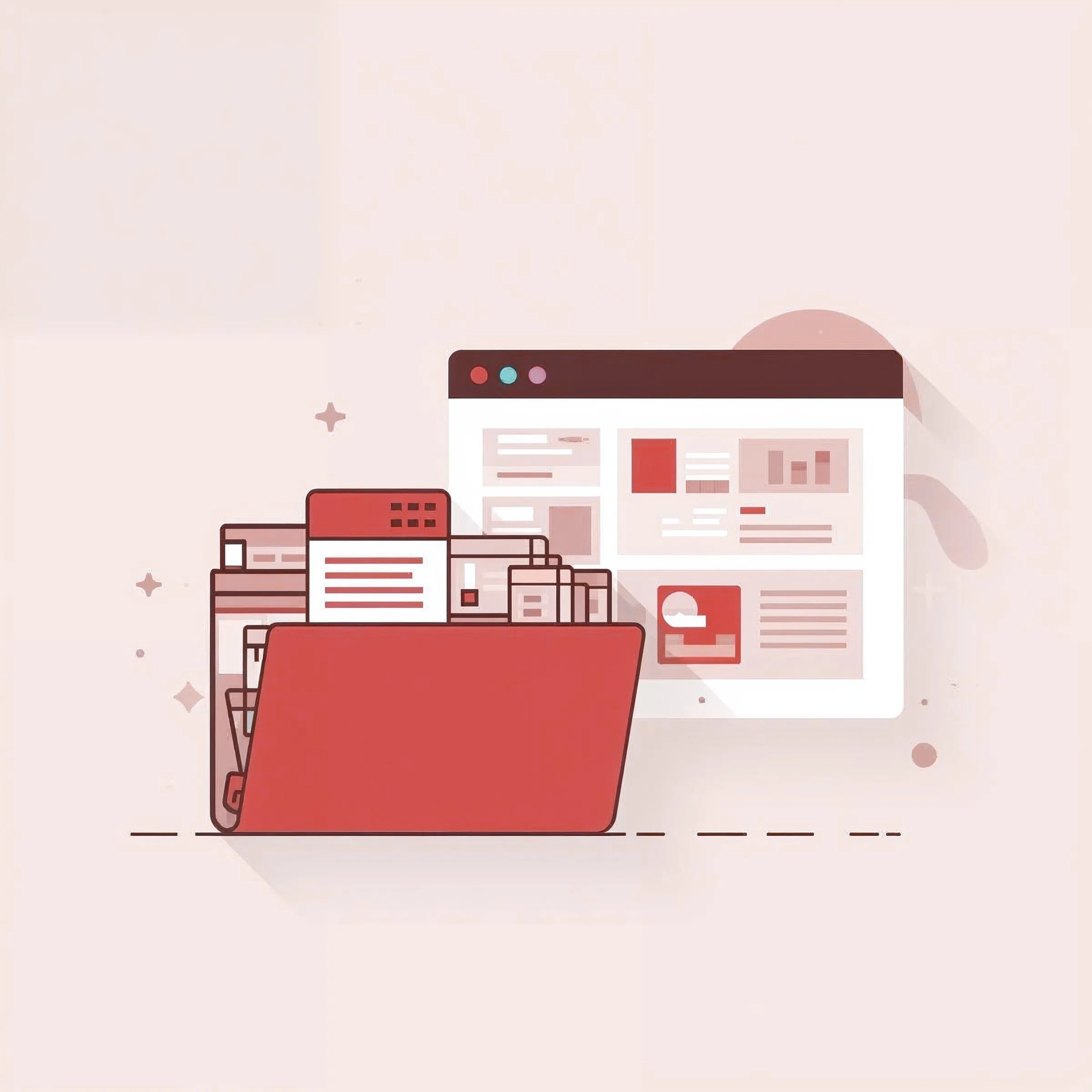 Ein roter Ordner mit Dokumenten steht vor einem Monitor, der Daten, Webseiten und KI-Sichtbarkeit zeigt.