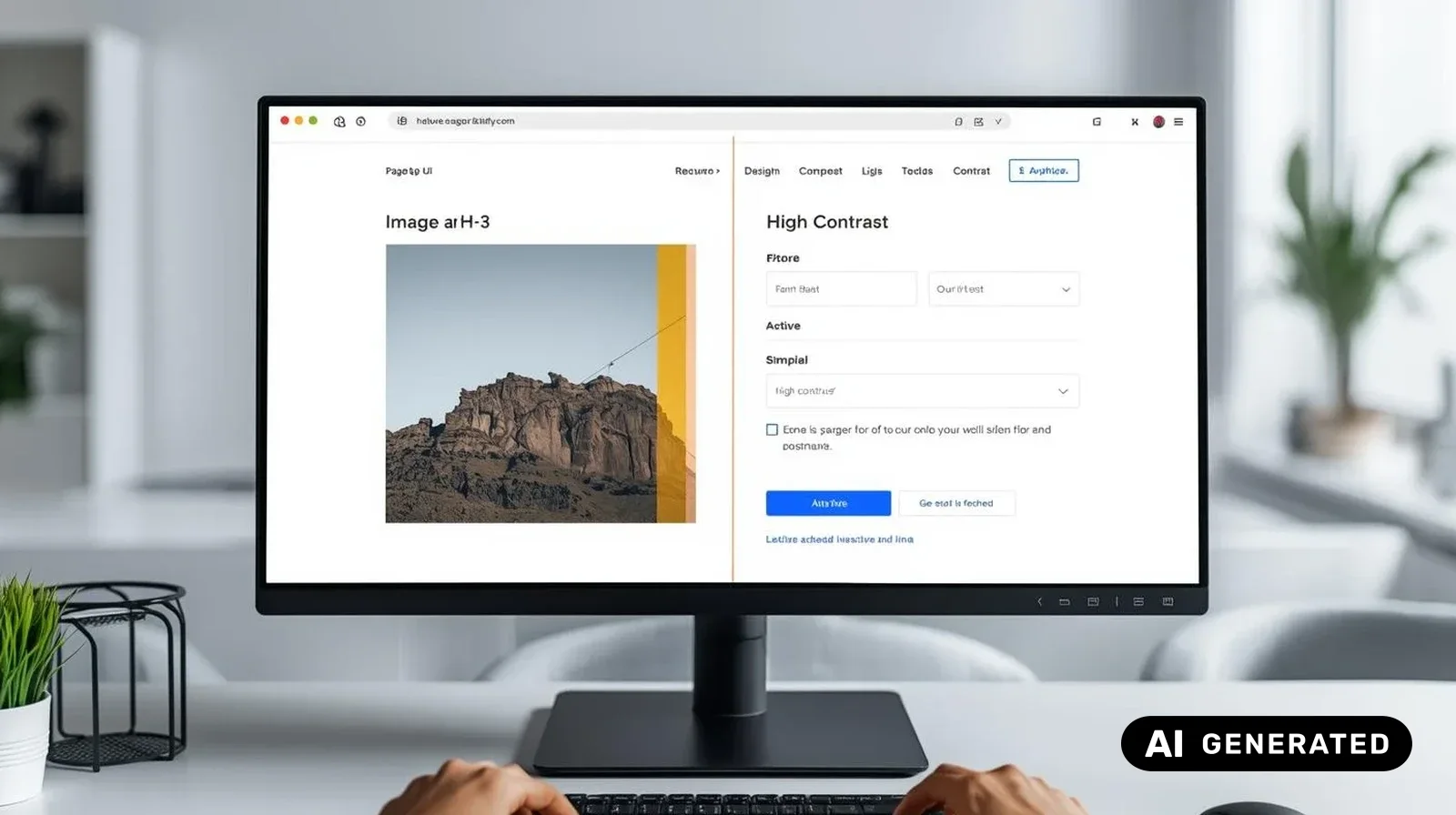 Person arbeitet am Desktop-PC mit Webeditor, Hochkontrastmenü und Bild eines felsigen Hügels auf dem Bildschirm.