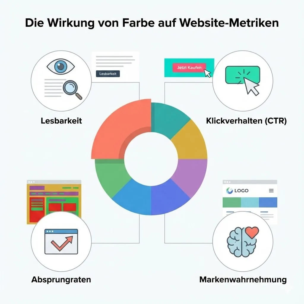 Diagramm mit KI-Farbdesign 2026, zeigt Einfluss von Farben auf Lesbarkeit, CTR, Absprungrate und Markenwahrnehmung.