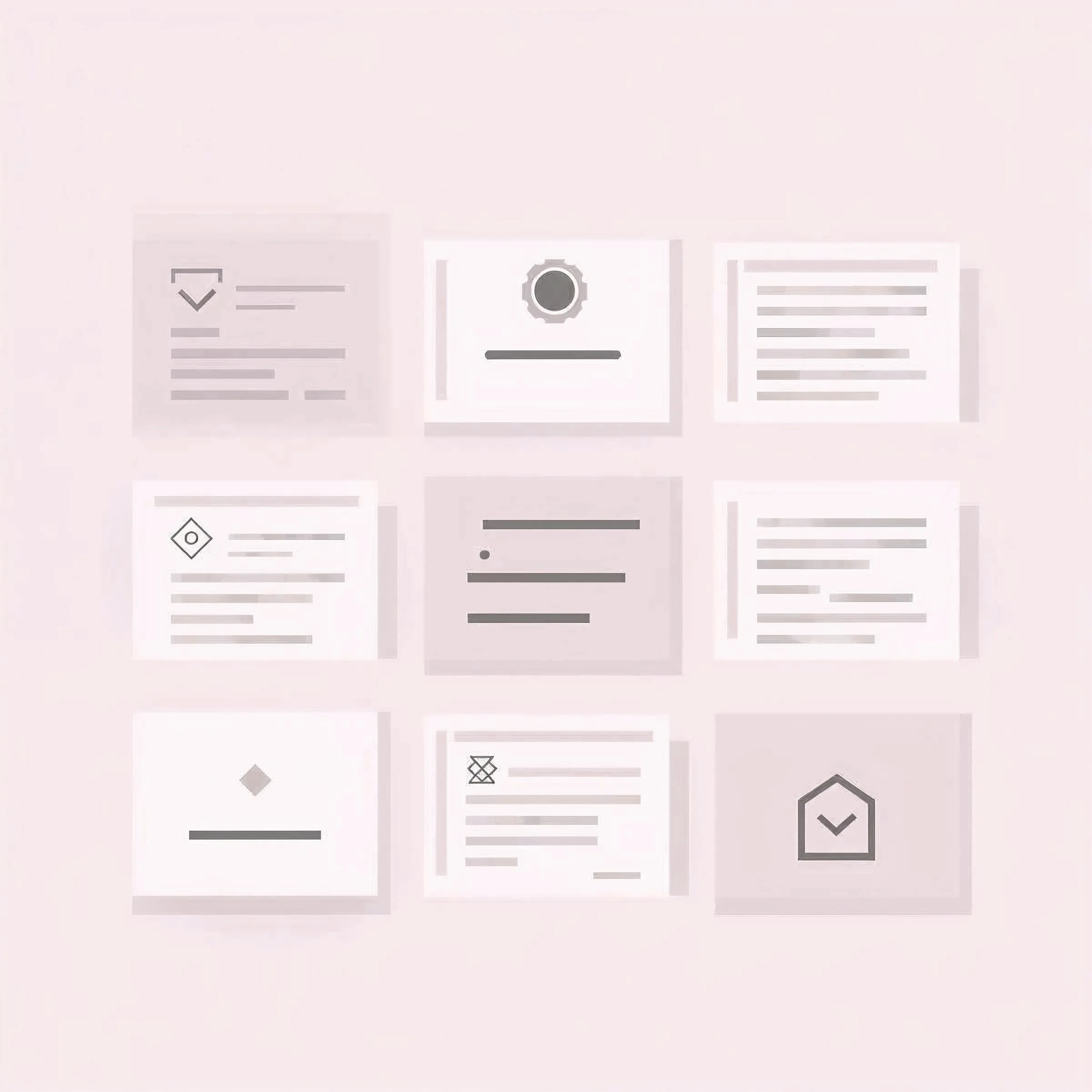 3x3 Raster mit neun minimalistischen Karten, darauf verschiedene Icons und Linien, auf rosa Hintergrund.