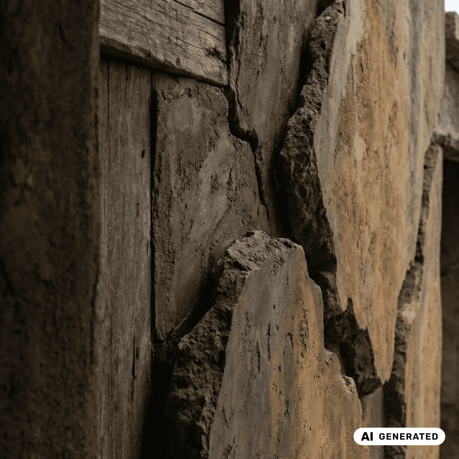 Nahaufnahme einer Steinwand mit großen, unebenen Platten und gealterten Holzplanken, sichtbar rissig und verwittert.
