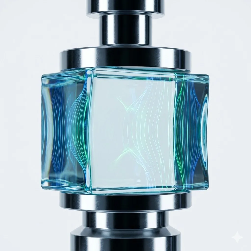 Nahaufnahme eines transparenten Glaskubus mit grünen und blauen Lichtmustern zwischen zwei Metallzylindern vor weißem Hintergrund.