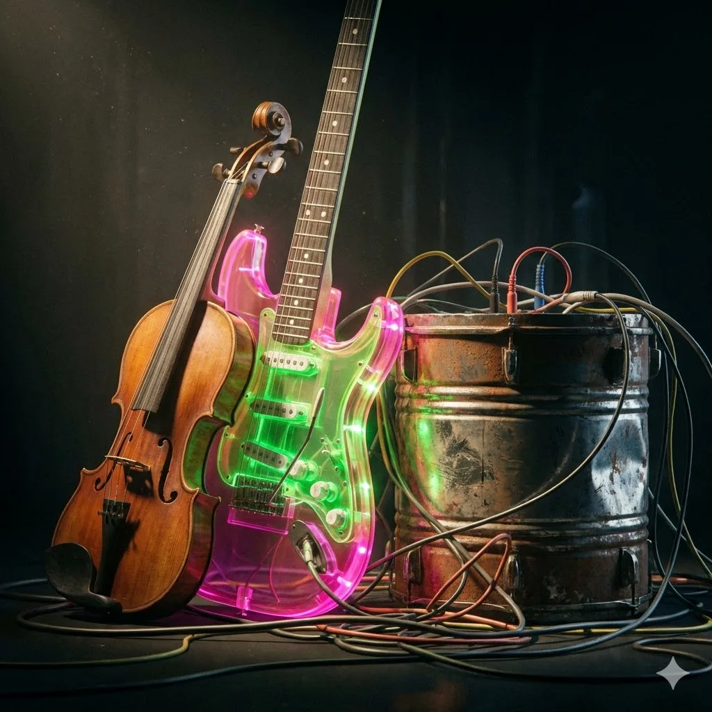 Eine Holzvioline, eine transparente E-Gitarre mit rosa-grünen Lichtern und ein Metallfass mit bunten Kabeln vor dunklem Hintergrund.