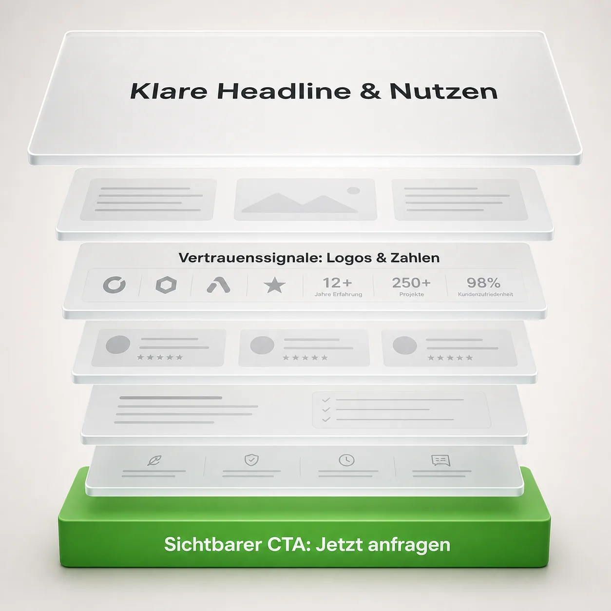 Ein Schaubild zeigt eine Landingpage mit Überschrift, Bildern, Vertrauenselementen und grünem Button "Jetzt anfragen".