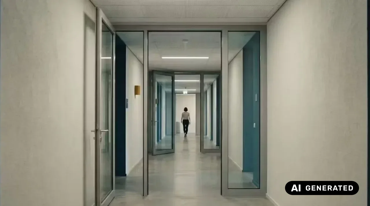 Langer Flur mit mehreren hintereinanderliegenden Glastüren, am Ende geht eine Person davon (KI-generiertes Bild)