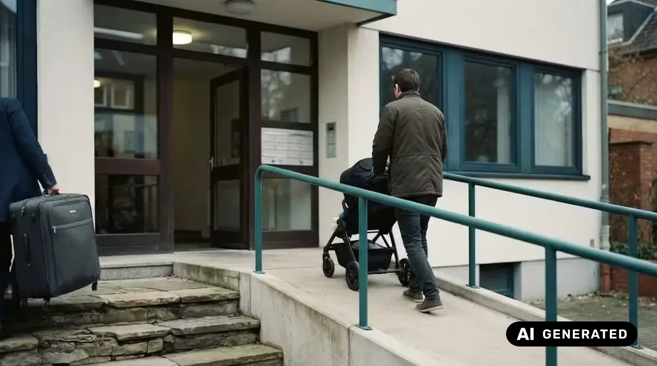 Hauseingang mit Treppe und Rampe: Ein Mann trägt einen Koffer die Stufen hoch, ein anderer schiebt einen Kinderwagen über die Rampe