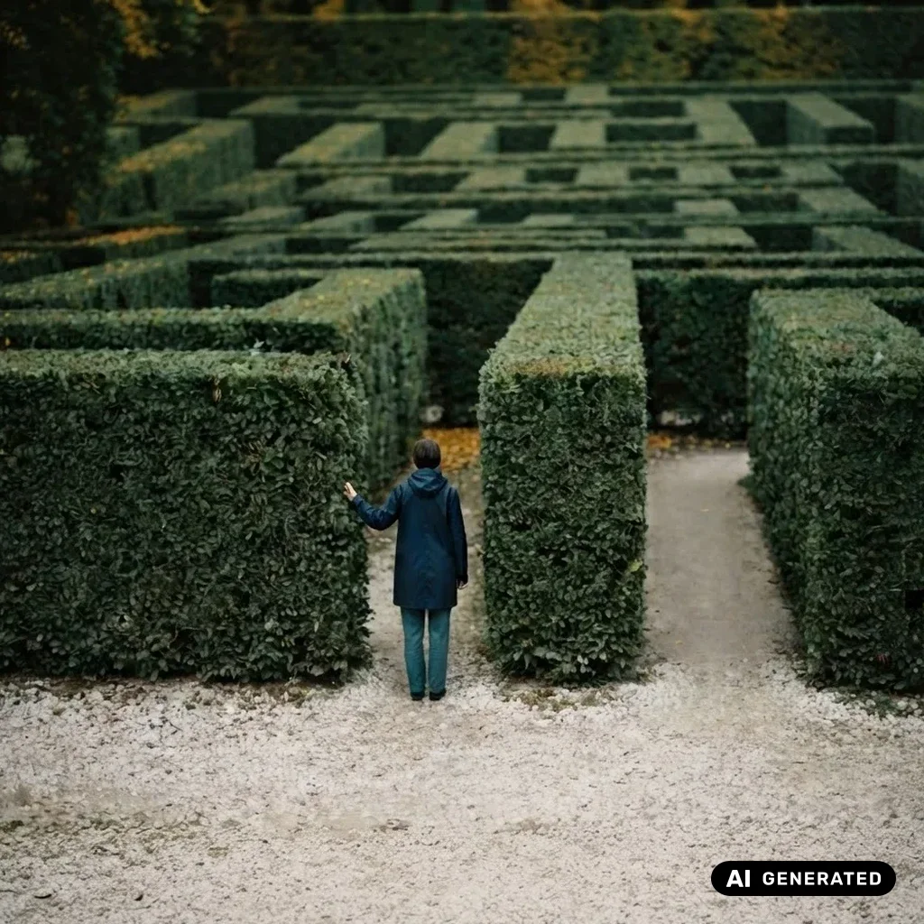 Person steht am Eingang eines verzweigten Heckenlabyrinths, Sinnbild für eine Prüfung, die Mensch und Maschine gleich gut lösen