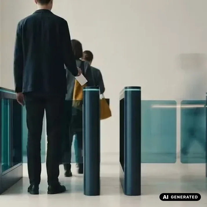 Menschen gehen durch eine Zugangsschranke mit Glasflügeln in einem hellen Foyer (KI-generiertes Bild)