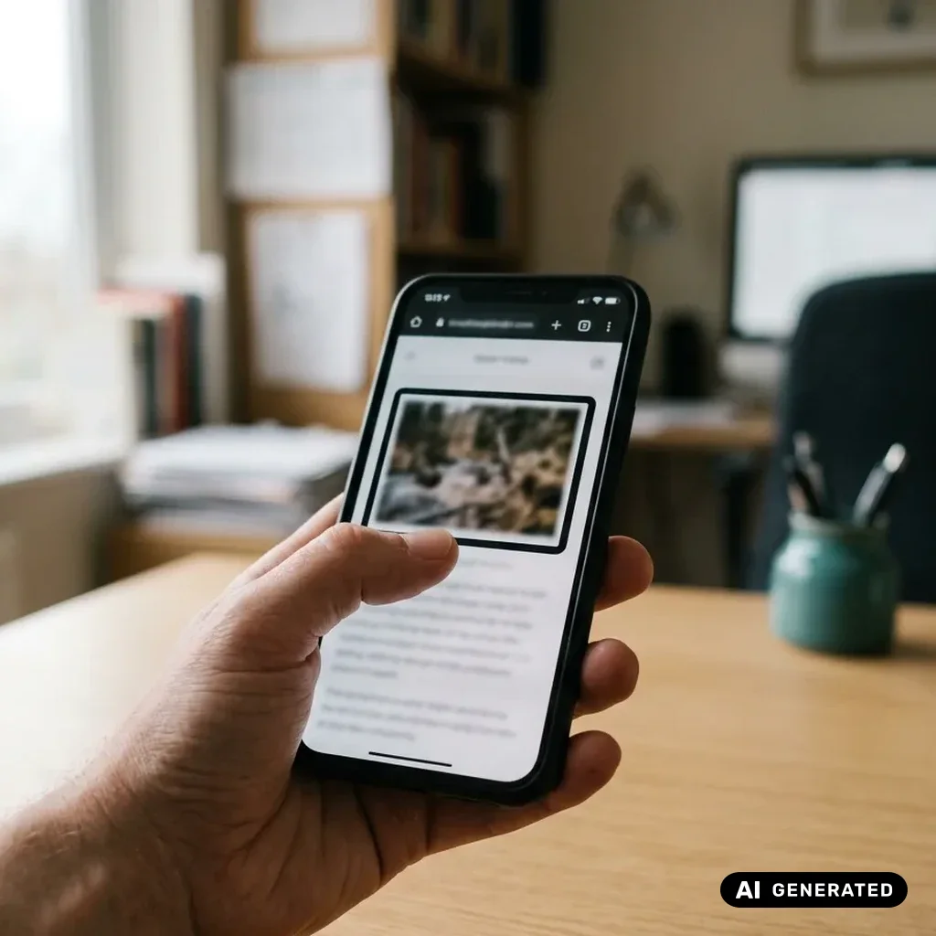 Hand hält ein Smartphone, auf dem ein Beitrag mit einem hervorgehobenen Bild über dem Text zu sehen ist.