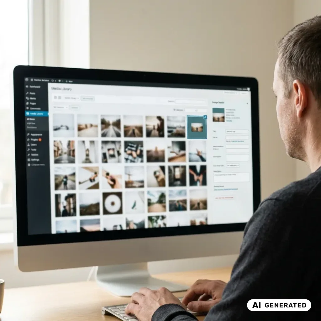 Mann am Bildschirm bearbeitet in der Mediathek ein ausgewähltes Bild, rechts das Eingabefeld für den Alternativtext.