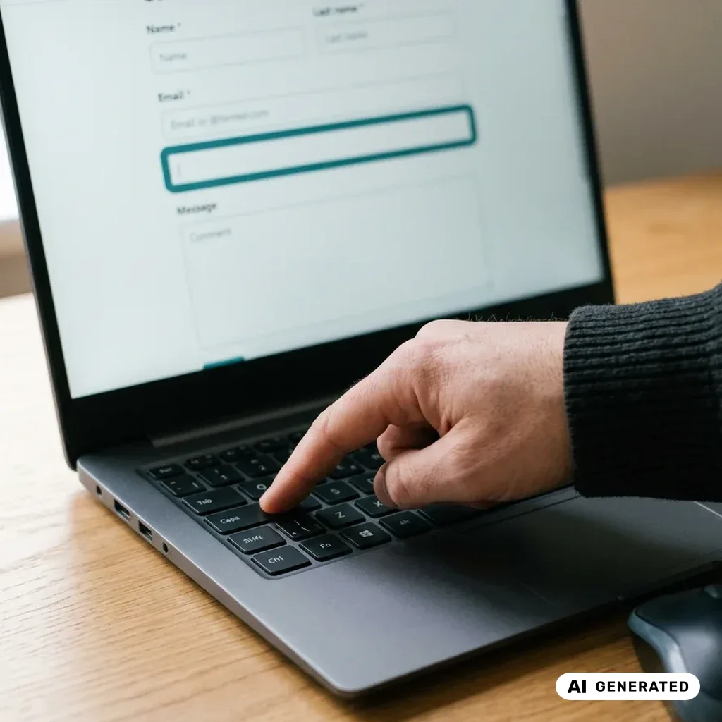 Finger auf der Tabulatortaste eines Laptops, im Formular auf dem Bildschirm ist das aktive Feld deutlich umrandet.