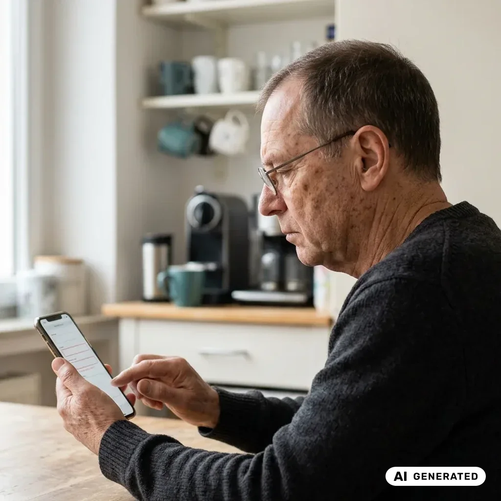 Älterer Mann in der Küche füllt auf dem Smartphone ein Formular aus, mehrere Felder sind rot markiert.