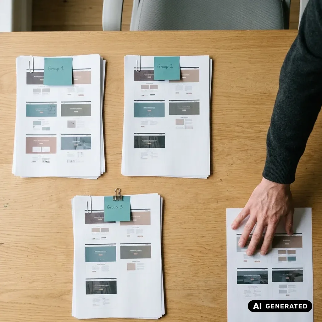 Drei Stapel ausgedruckter Seitenlayouts mit Haftnotizen auf einem Tisch, eine Hand legt ein viertes Blatt daneben.