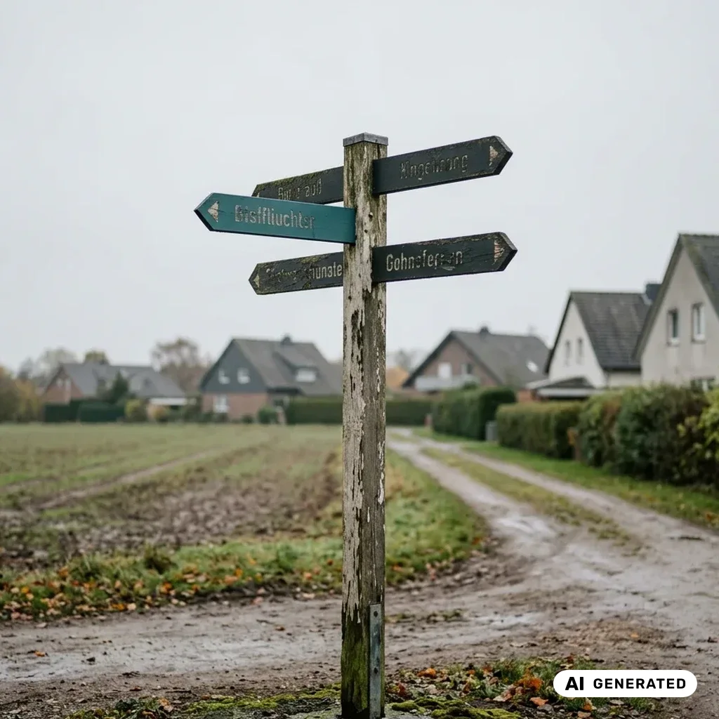 Alter Holzwegweiser mit vier Armen an einer Weggabelung am Ortsrand.