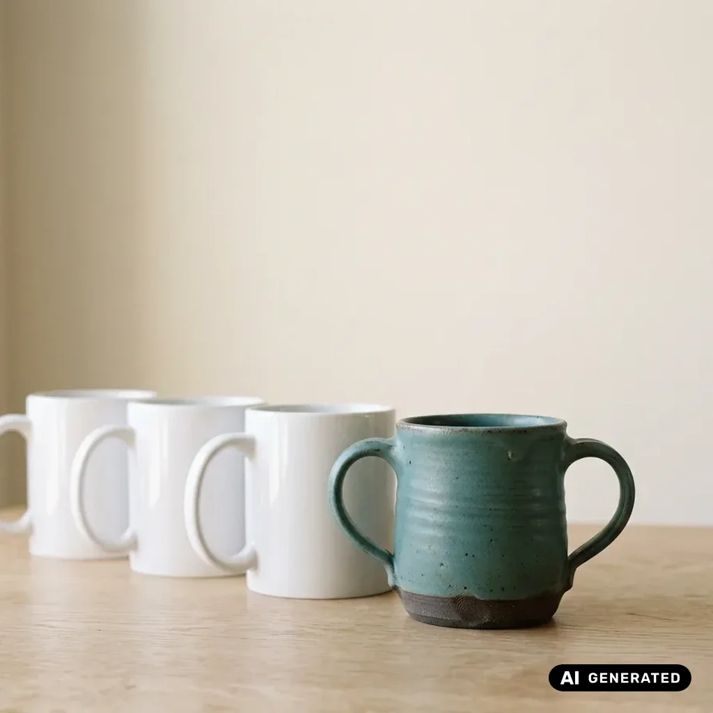 Drei gleiche weiße Tassen stehen hintereinander, davor eine handgetöpferte türkise Tasse.