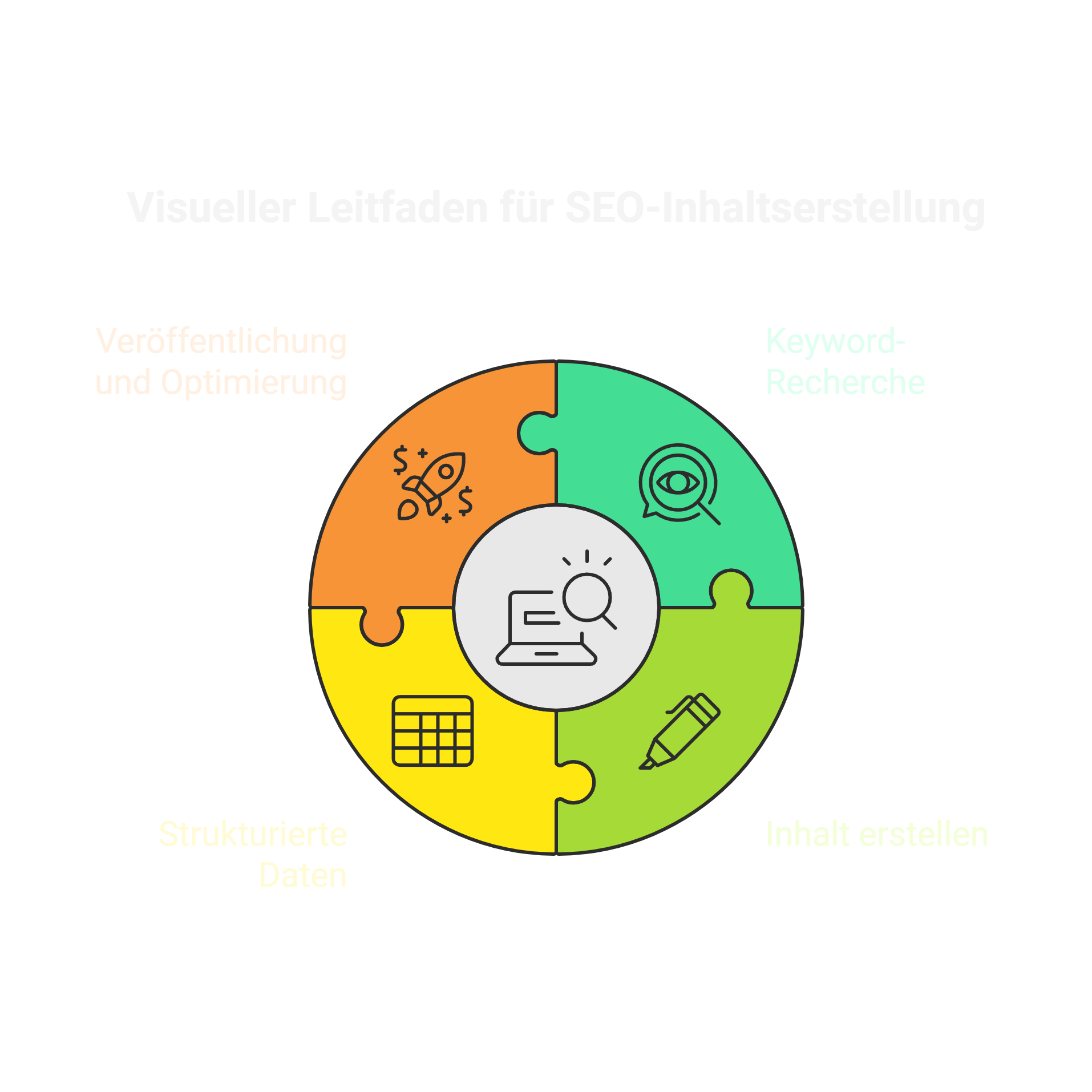 Kreisförmiges Puzzle mit vier farbigen Bereichen: Publikation, Keyword-Recherche, strukturierte Daten, Inhaltserstellung.