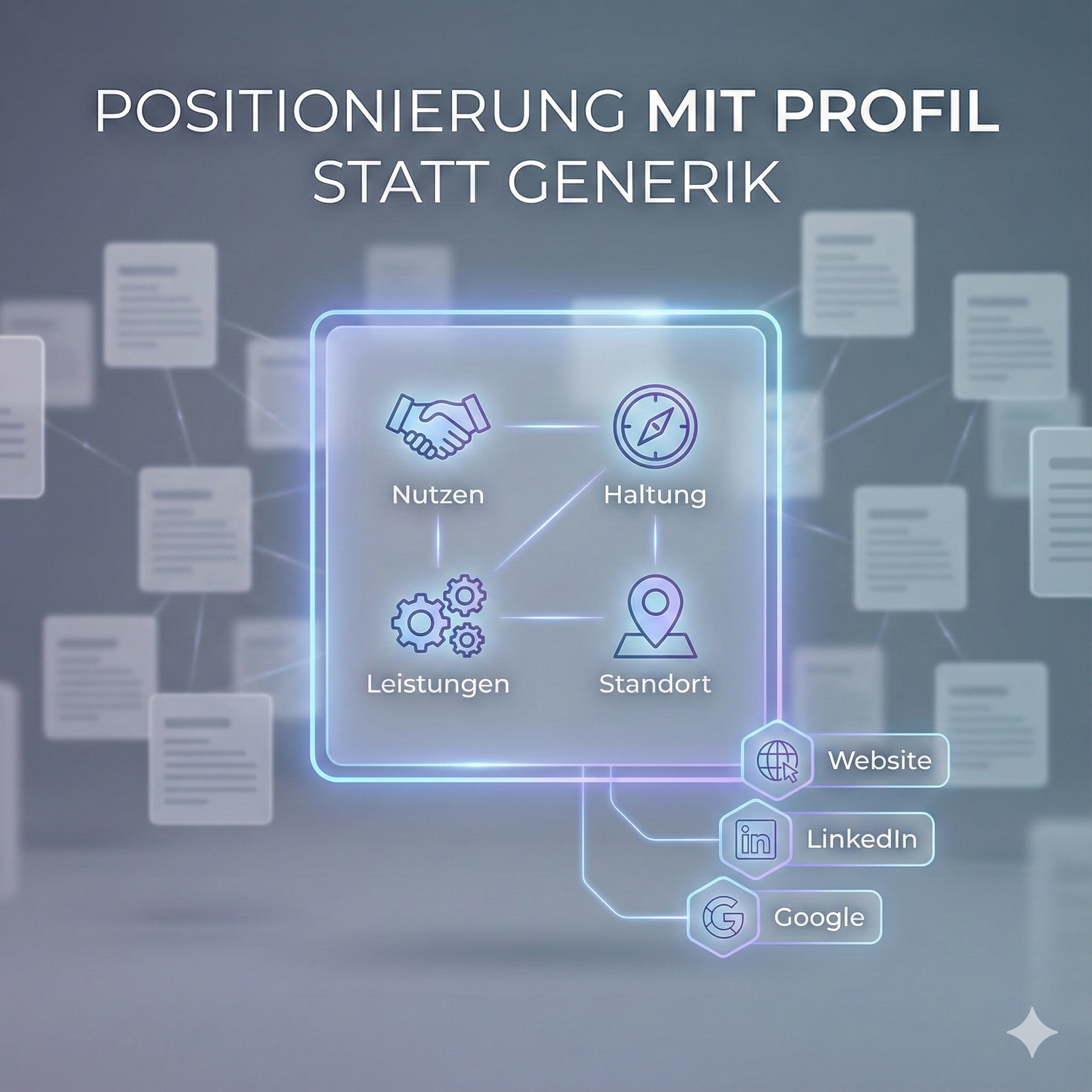 Vier Icons zu Nutzen, Haltung, Leistungen und Standort mit schwebenden Dokumenten und Web-Buttons.