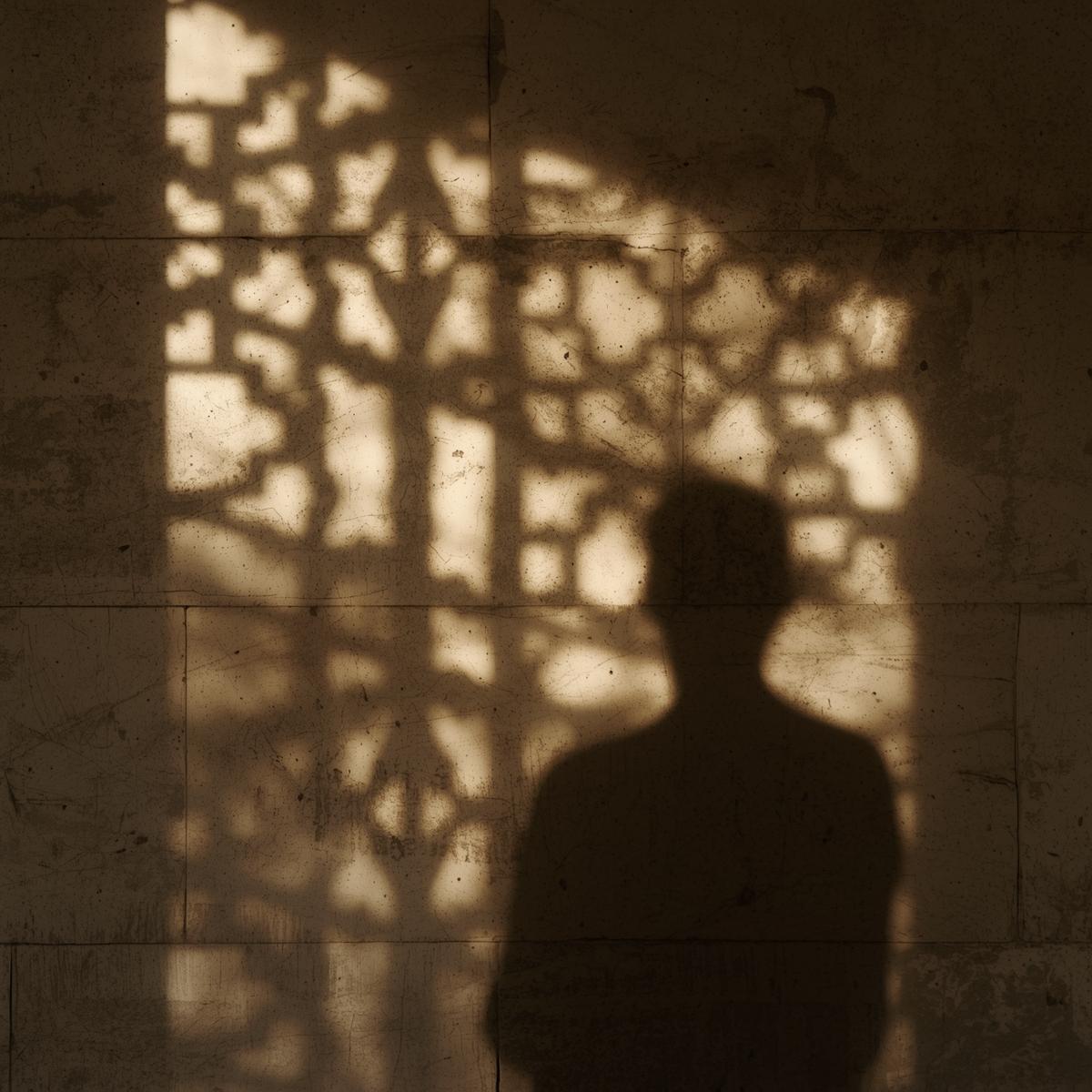 Schatten einer Person und eines Gitters auf beiger Steinwand, erzeugt durch Sonnenlicht.