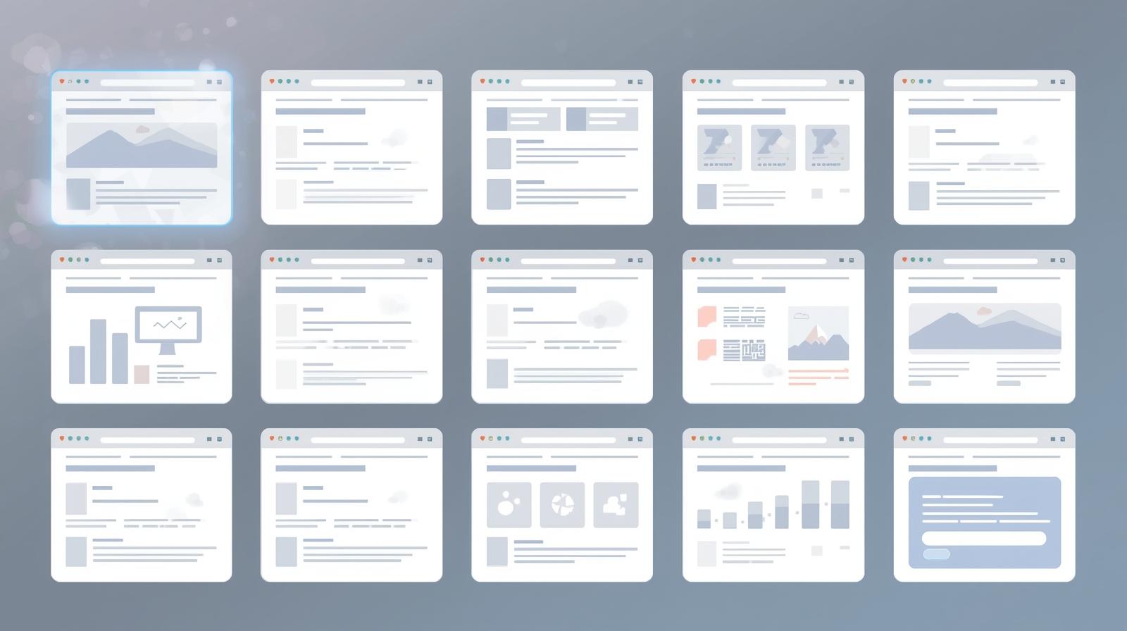 Raster aus 16 Website-Fenstern, oben links hervorgehoben, mit verschiedenen Layouts aus Diagrammen, Texten und Bildern.