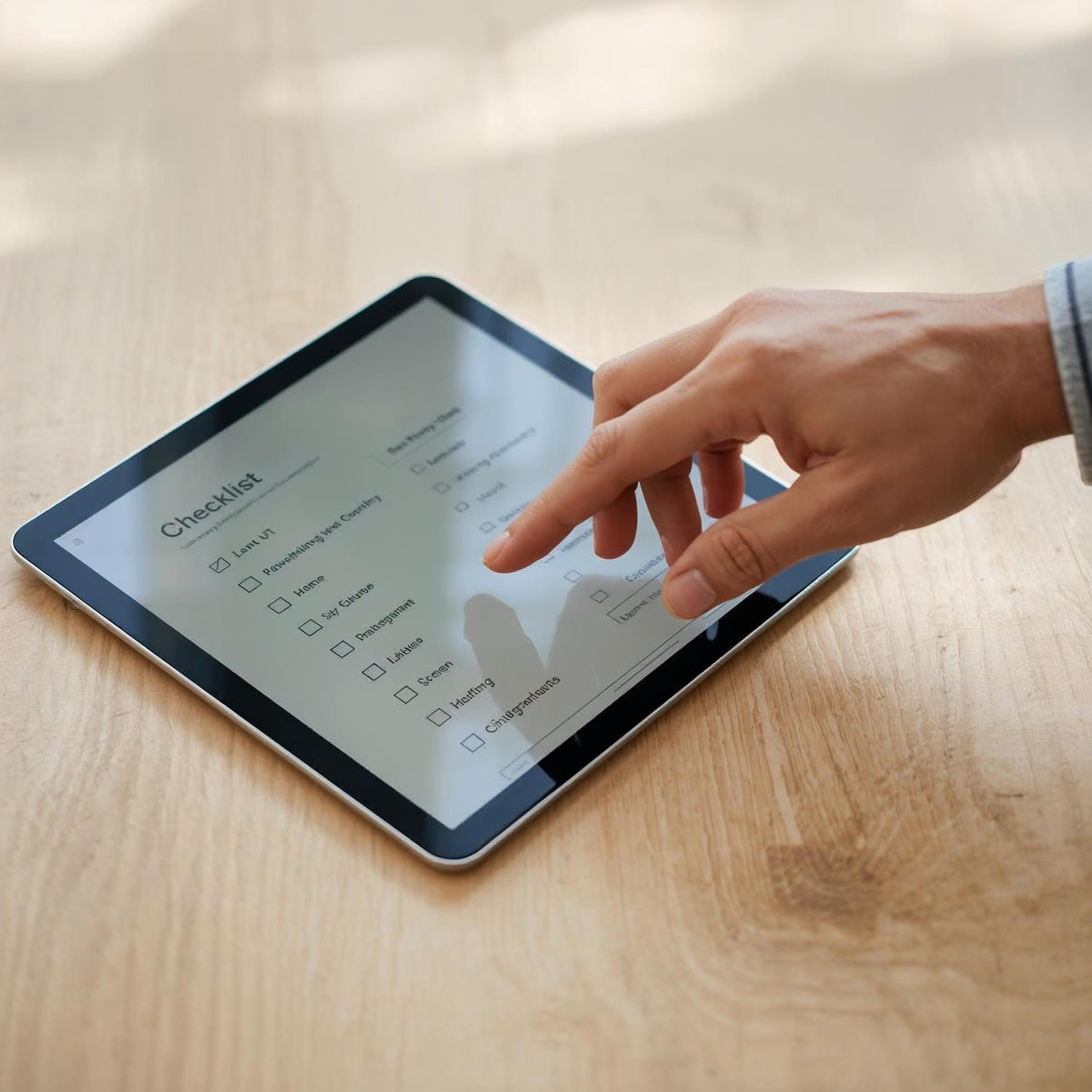 Person bedient ein Tablet mit digitaler Checkliste und sichtbaren KI-Charta-Richtlinien auf Holztisch.