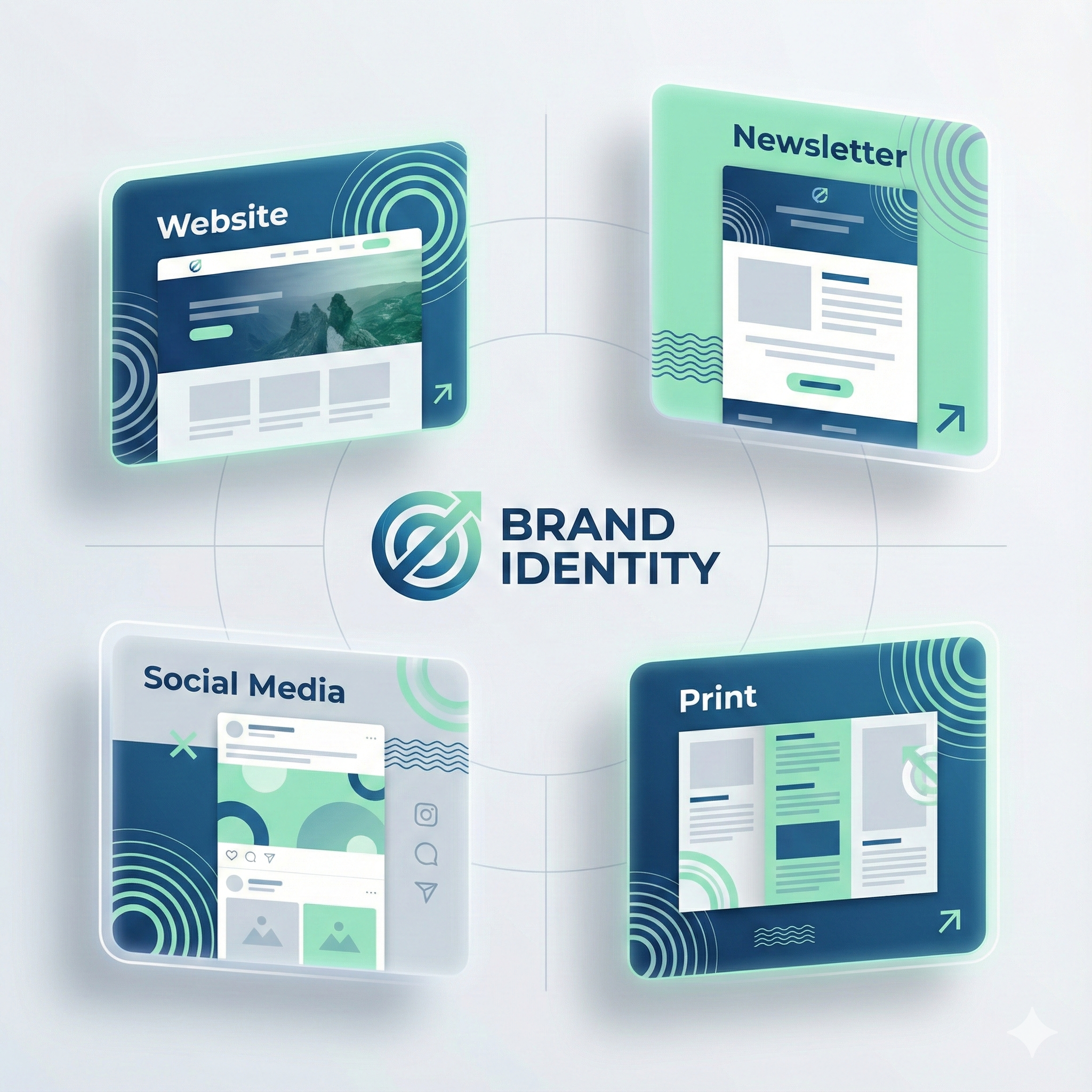 Grafik mit vier Bereichen für ein "Brand Identity"-Logo: Website, Newsletter, Soziale Medien, Print. Psychologie im Webdesign