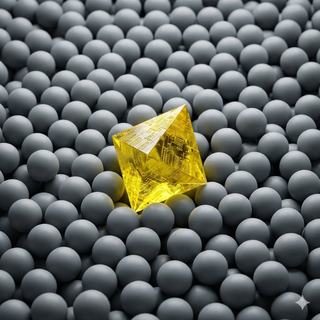 Ein gelber, transparenter Kristall mit der Aufschrift "KI-Content" liegt zwischen glatten, matten grauen Kugeln.