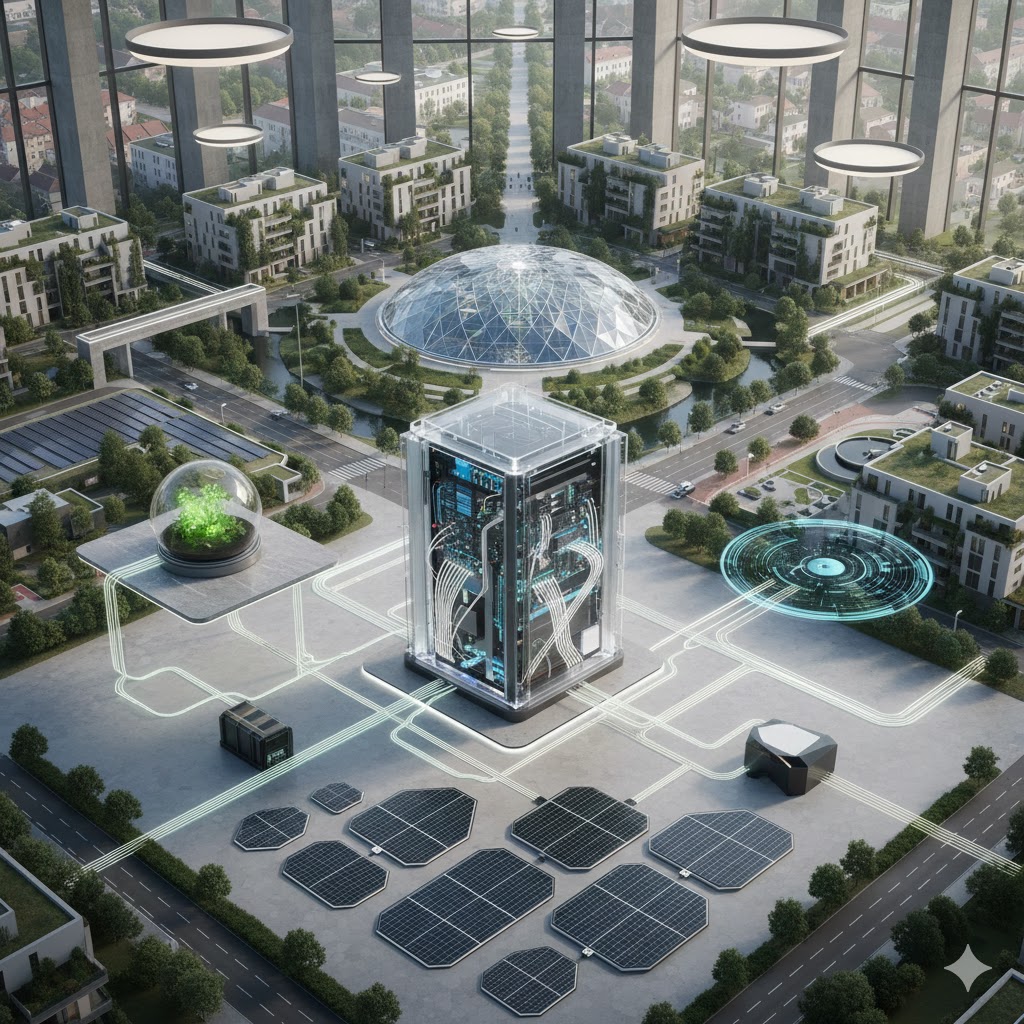 Eine futuristische Stadt mit zentralem Server, Smart Grids, grüner Technik und vernetzten KI-Systemen mit Solarpanels.