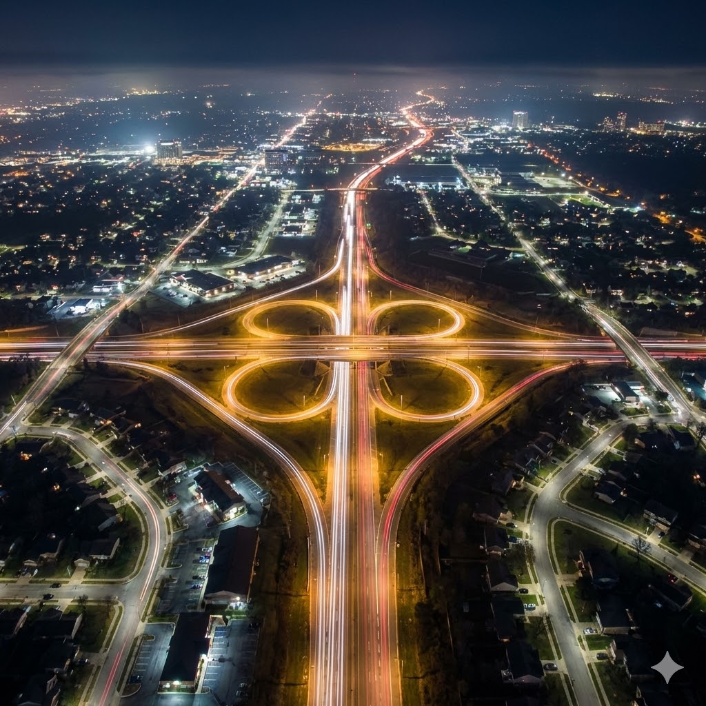 Luftbild einer Autobahnkleeblattkreuzung bei Nacht mit beleuchteten Straßen, Ampeln und umliegenden Wohnvierteln.
