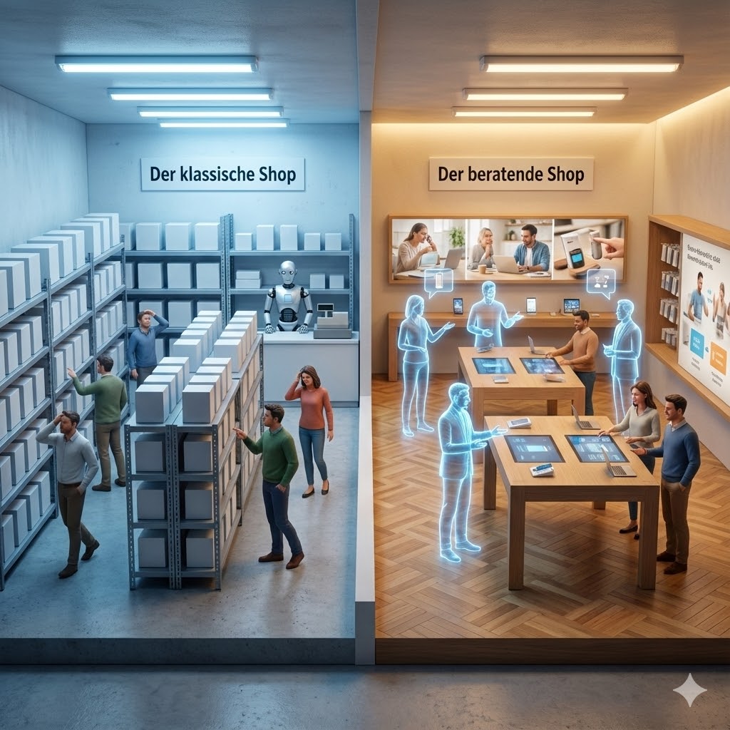 Ein geteiltes Bild zeigt links einen traditionellen Laden mit Regalen, rechts einen modernen Shop mit digitalen Anzeigen und Hologrammen.