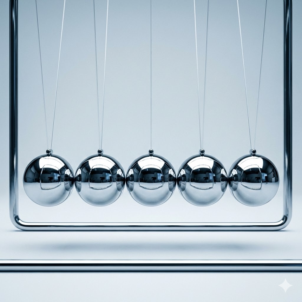 Nahaufnahme eines Newtonpendels: Fünf Metallsphären hängen in einer Reihe an Fäden und berühren sich jeweils seitlich.