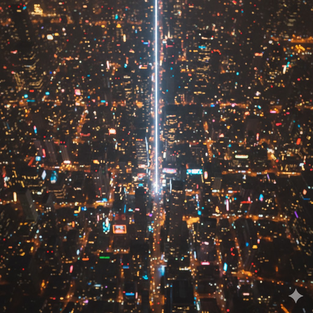 Stadt aus der Vogelperspektive bei Nacht, mit hellen Lichtern und einer leuchtenden Linie in der Straßenmitte.